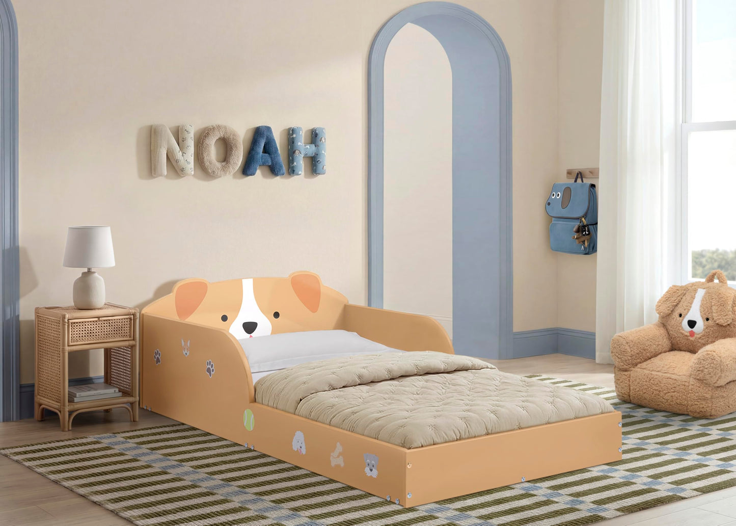 Delta Children Puppy Wood Floor Toddler Bed with Reusable Stickers, Brown
