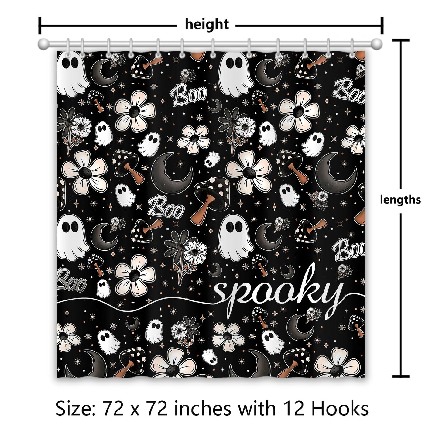 FAMTUDE Floral Halloween Shower Curtain,Black Spooky Cute Funny Ghost Boo Shower Curtains for Bathroom,Waterproof Home Decor with 12 Hooks,72 X 72 Inches