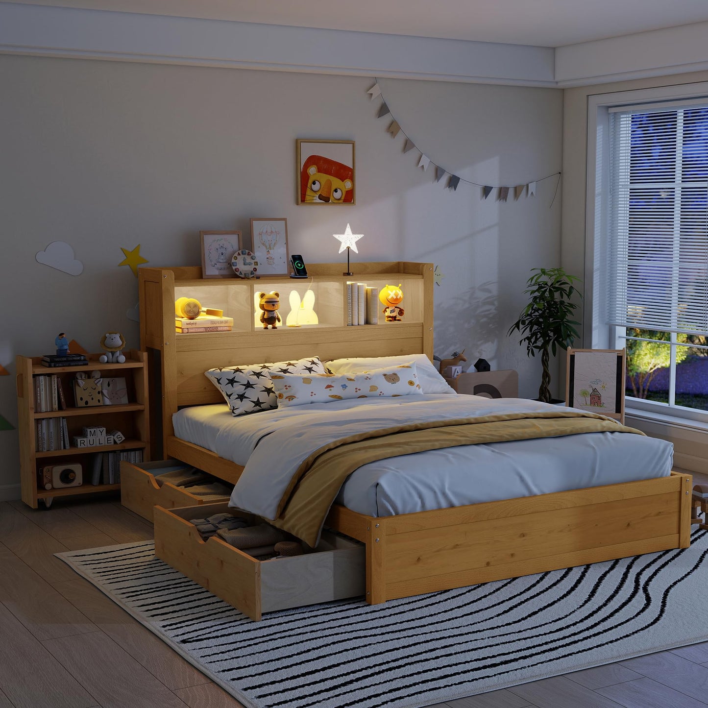 KEIKI Full Size Wood Platform Bed Frame with Storage Headboard & Pull Out Storage Cabinet & 2 Drawers, Modern Bed with Solid Slats & Socket, No Box Spring Required, Easy Assembly, for Bedroom, Natural
