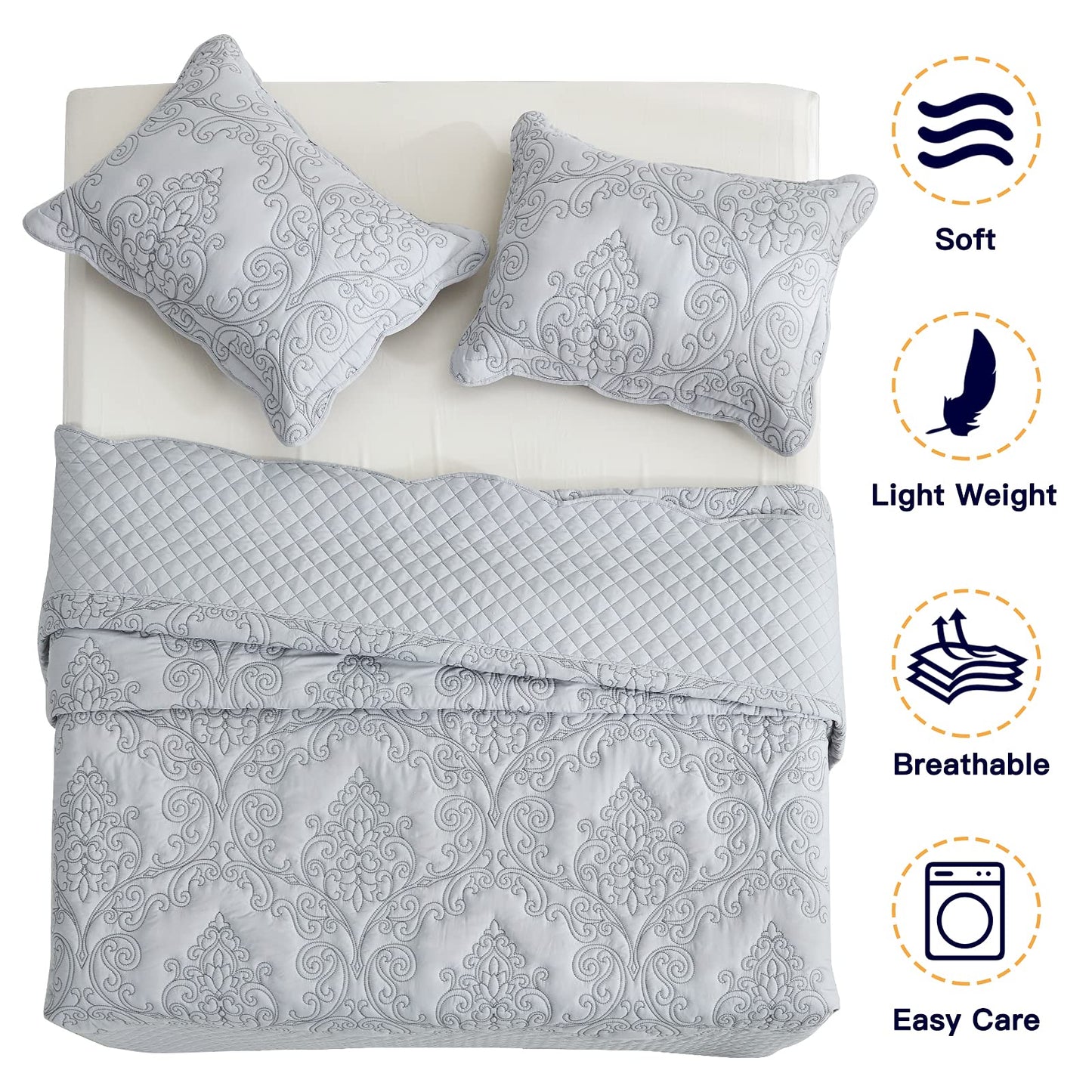 CHIXIN Bedspread Coverlet Set Queen Size - Lightweight Bedding Cover - Beautiful Stitching - 5 Piece Reversible Bedspread - Luxury Damask Paisley Pattern (Queen, Light Grey)