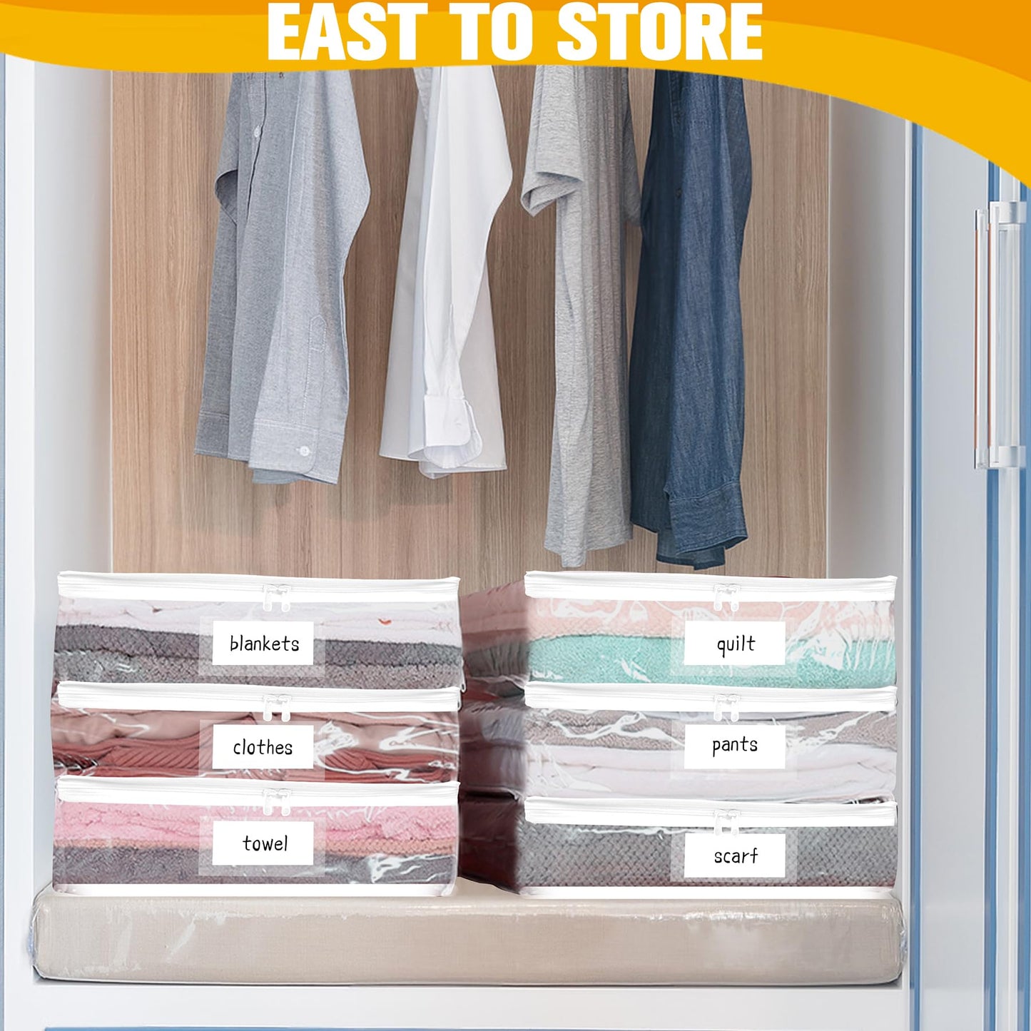 Plastic Storage Bags with Easy-Glide Zipper, Pack of 6, Durable Clear Vinyl Zippered Storage Bags for Clothes Sweaters Comforters Blankets Sheets Bedding (10.5 x 10.5 x 2.5 Inch, White)