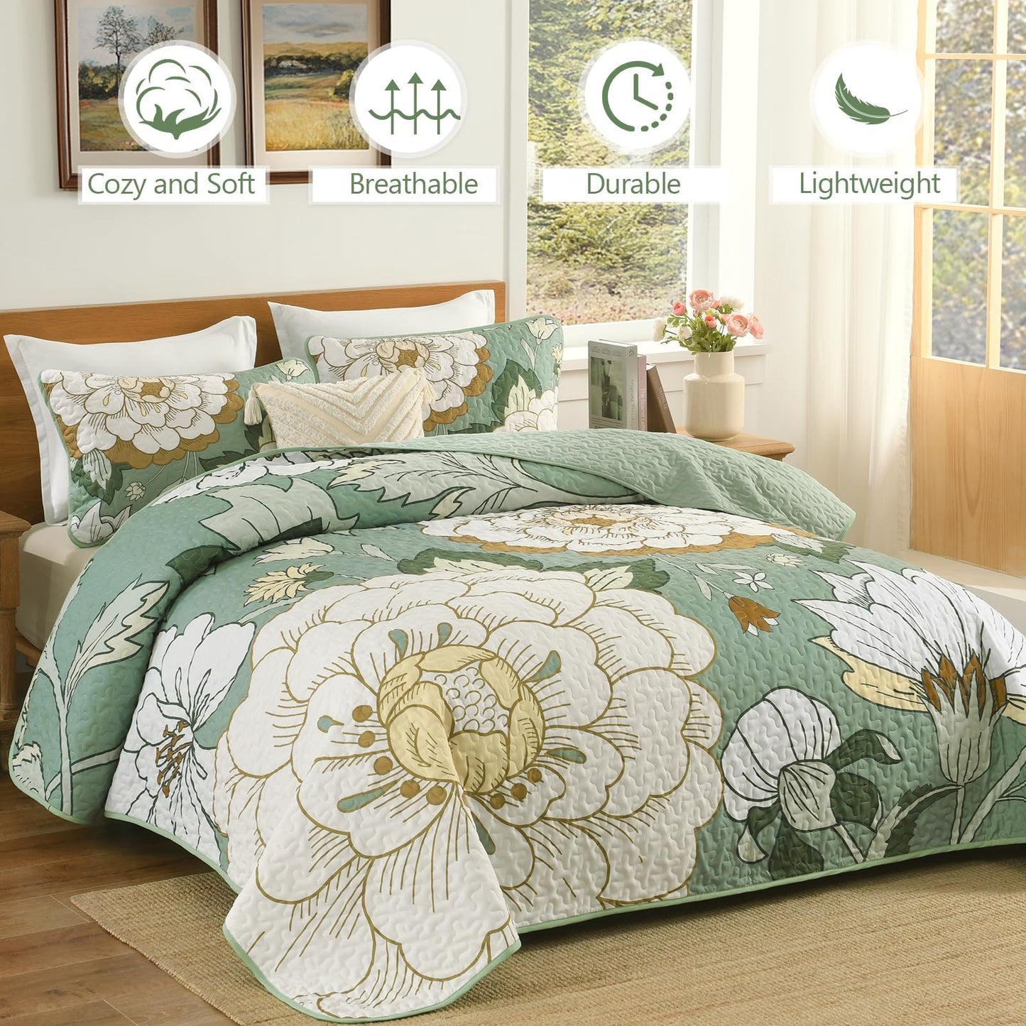 DJY Sage Green Quilt Set Queen Size 3 Pieces Floral Boho Bedspread Coverlet Set, Lightweight Microfiber Farmhouse Floral Quilted Bedding Set Reversible Bed Cover for All Season, 96''x90''