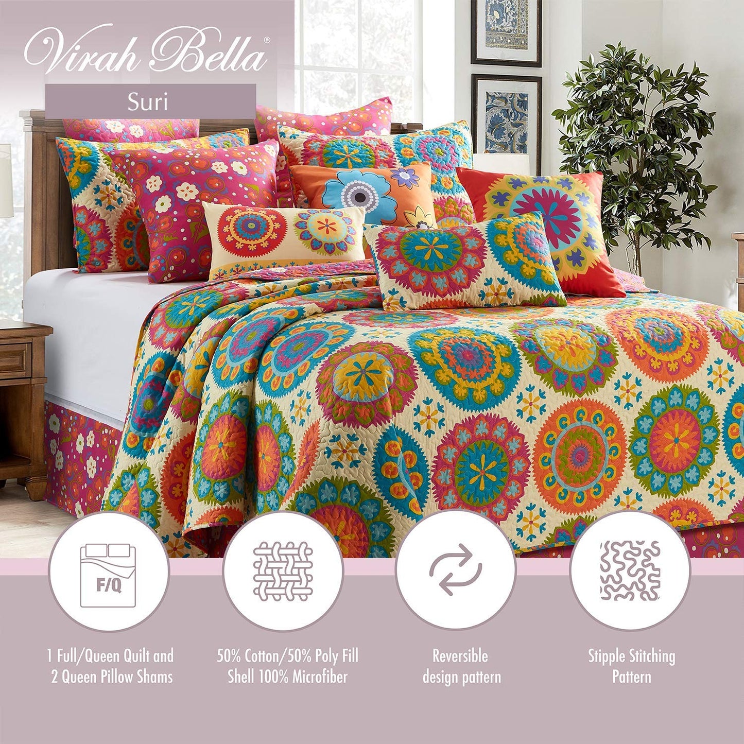 Virah Bella 3 Piece Full/Queen Lodge Quilt Bedding Set - Rustic Country Reversible Comforter Set with Decorative Pillow Shams - Suri