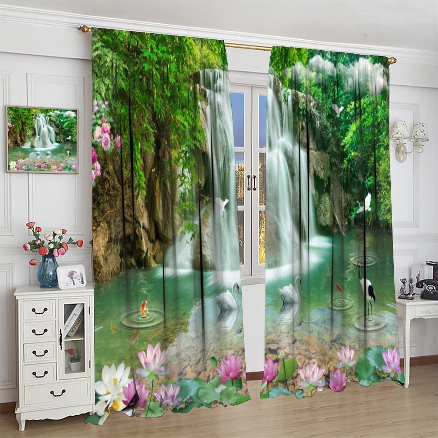 Waterfall Deocr Curtain, Japanese Style Waterfall Mountain Cloud Boat Flower Dreamy Scenes Home Decor Windows Rod Pocket Curtain for Living Room Nursery Boys Girls Bedroom Window Drapes 42" Wx45 L