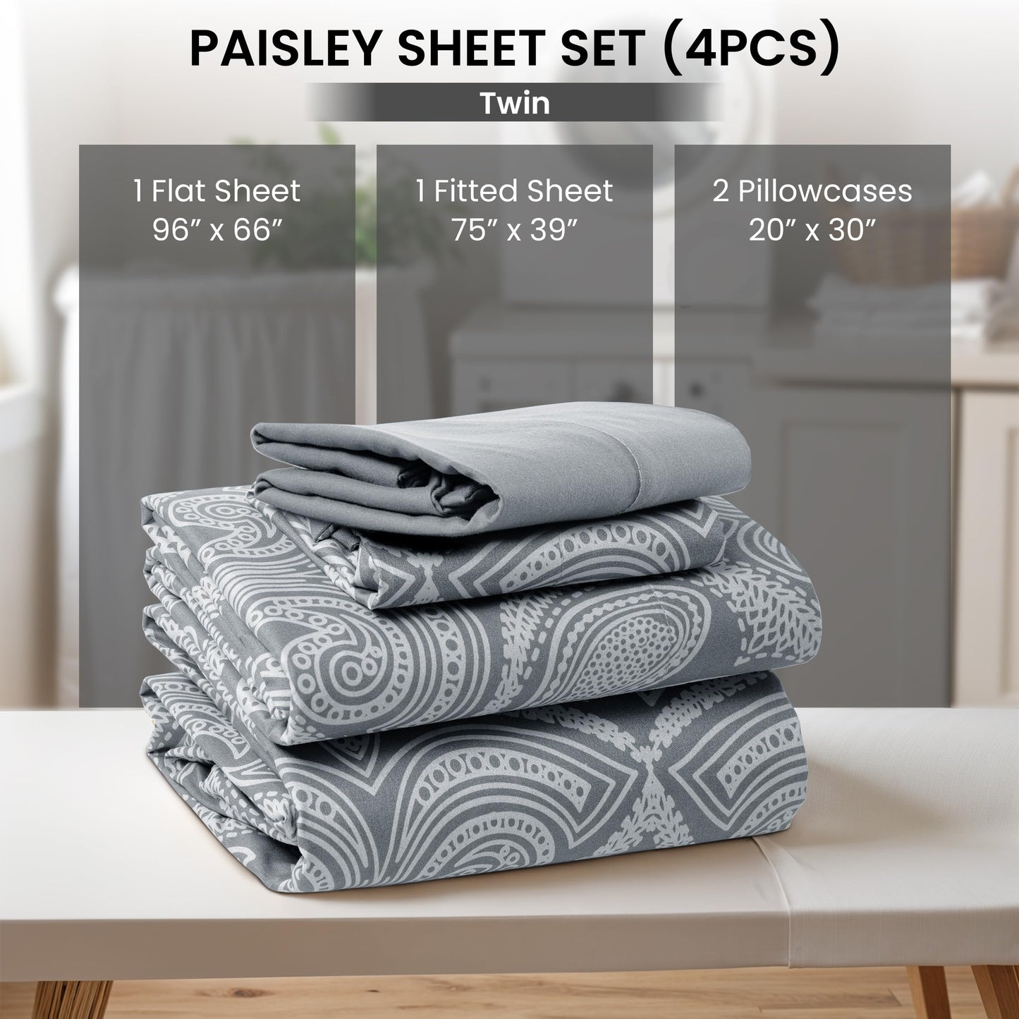 Ultra Soft Wrinkle-Free Microfiber Paisley Twin Sheet Set, Cute Floral Pattern Boho Print – 16" Deep Pocket Fitted Sheet, Flat Sheet & 2 Pillowcases, Breathable, OEKO-TEX - Grey