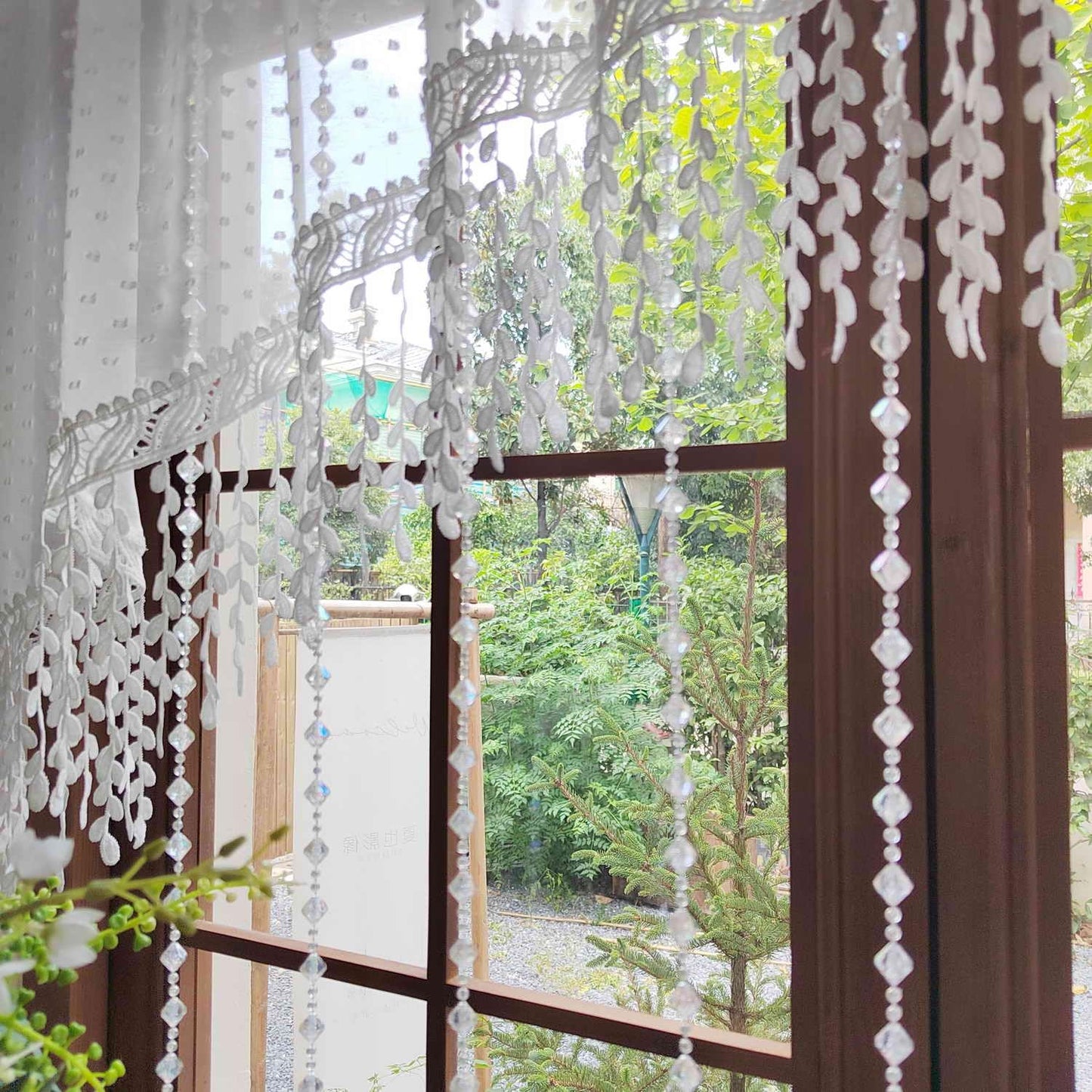 White Arched Sheer Valance Boho Pompom Short Curtain Tier with Crystal Beads for Doorways Tassels Swag Curtain Room Divider Dining Room Glass Door Rod Pocket 1Panel (W59 X L43 INCH,White)