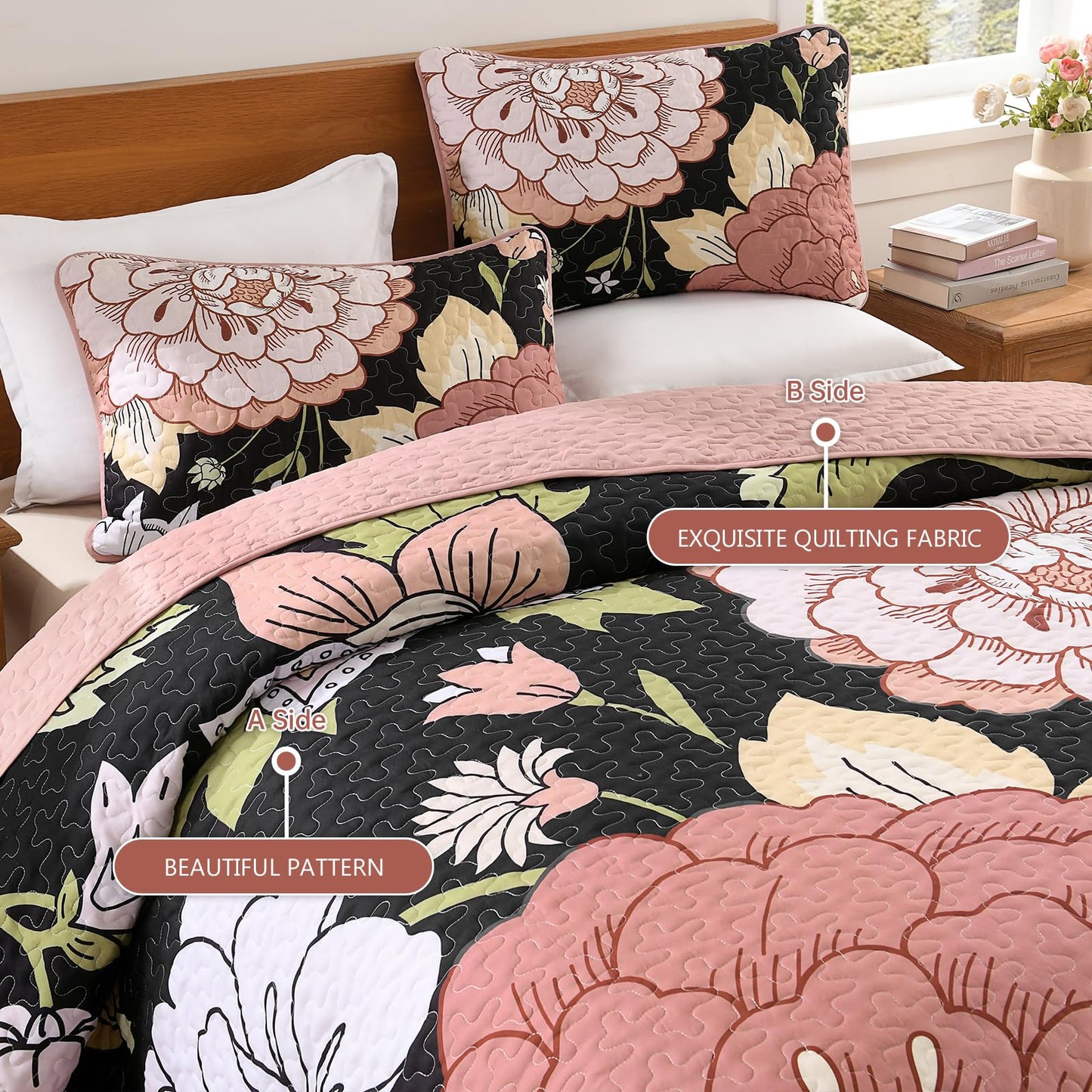 DJY Black Quilt Set Queen Size 3 Pieces Floral Boho Bedspread Coverlet Set, Soft Microfiber Black Pink Farmhouse Floral Quilted Bedding Set Reversible Bed Cover for All Season, 96''x90''