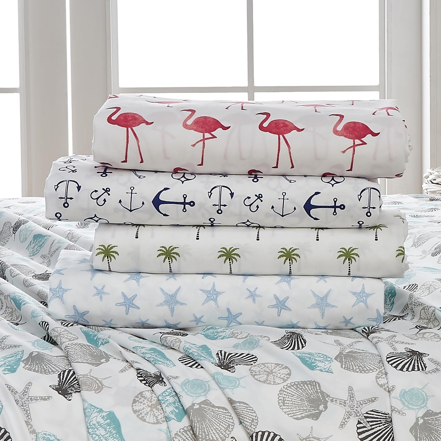 Great Bay Home King Coastal Microfiber Sheet Set - 4-Piece Nautical-Printed, Ultra-Soft Sheets - Beach-Themed Bedding Sheets & Pillowcases (Anchor)