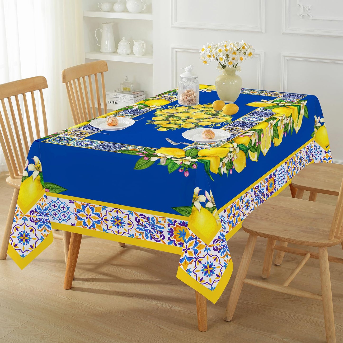 Honellaty Blue Yellow Lemon Vintage Pattern Tablecloth 60" x 84" Rectangle, Summer Table Cloth Spill-Proof Stain Resistant Wrinkle Free Table Cover for Dining, Party, Picnic