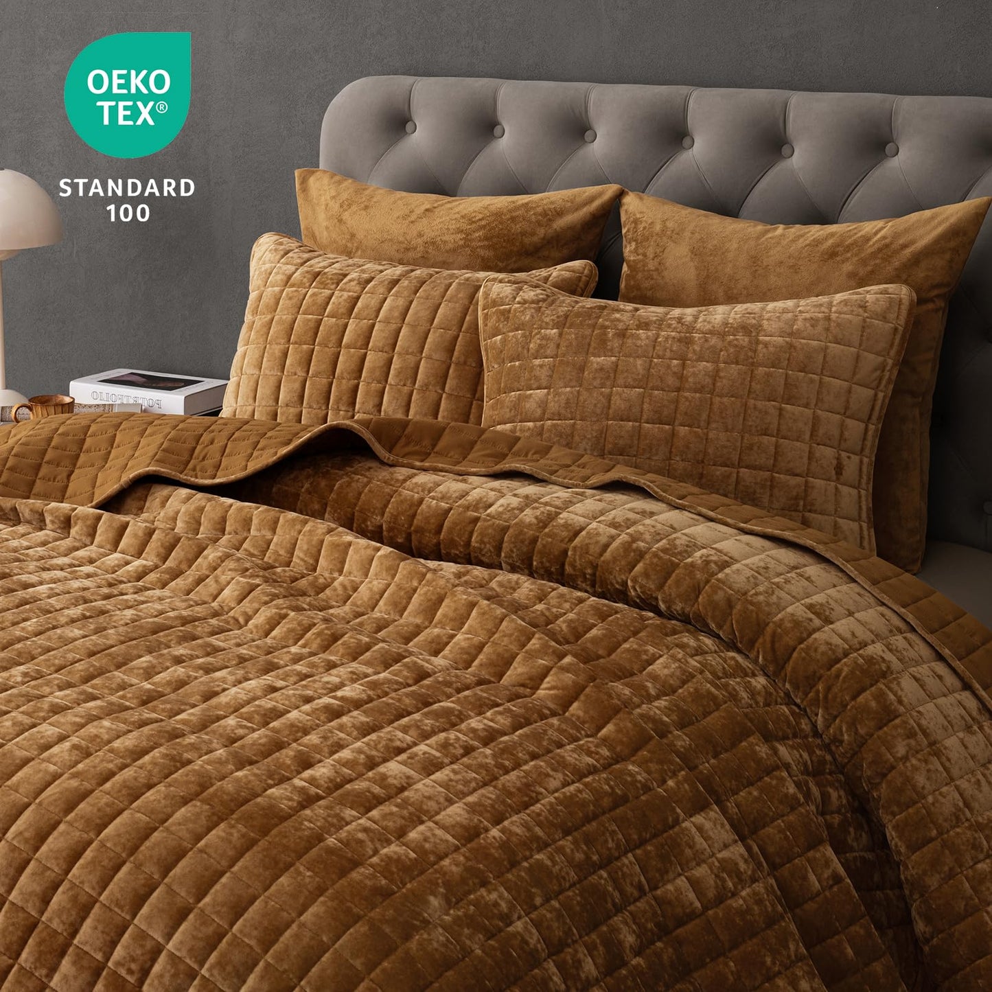 PHF Luxurious Velvet Quilt Set Queen Size – 3PCS Super Soft Quilted Comforter Alternative with Square-Box Quilt Pattern, Warm Quilted Bedspread Coverlet, 90" x 92", Rusty Burnt Orange
