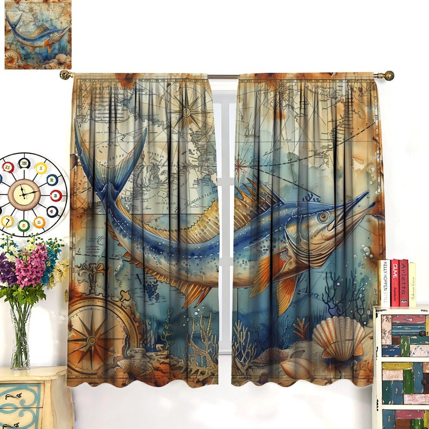 TOWINSFB Nautical Compass Marlin Fish Blackout Curtains, Old Medieval Ocean Map Coral Home Decor Rod Pocket Window Drapes for Living Room Bedroom - 2 Panels, Each 21" W x 63" L