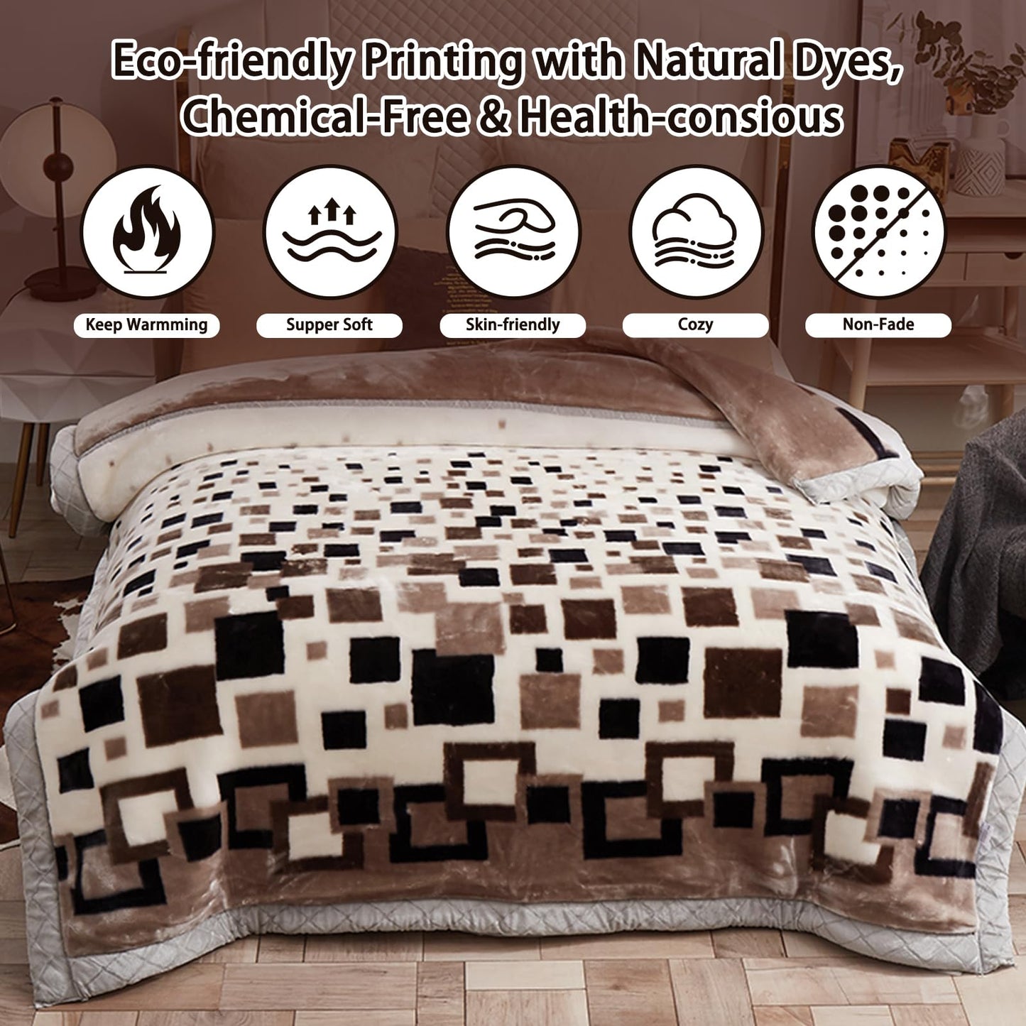 MODUSKYE Mink Blankets, Korean Heavy Plush 7.7lbs 2 Ply Chip Pattern 78x90 inch Thick Blankets Queen Size Sliky Soft and Warm Raschel Throw for Cold Night (Beige+Black)