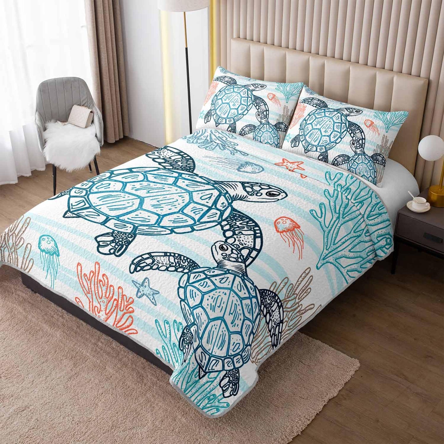 HOSIMA Sea Turtle Queen Size Bedding Set,Corals Jellyfish Starfish Pattern Lightweight Quilt,Ocean Themed Bedding for Beachy Room Decor Aesthetic with 2 Pillowcases.