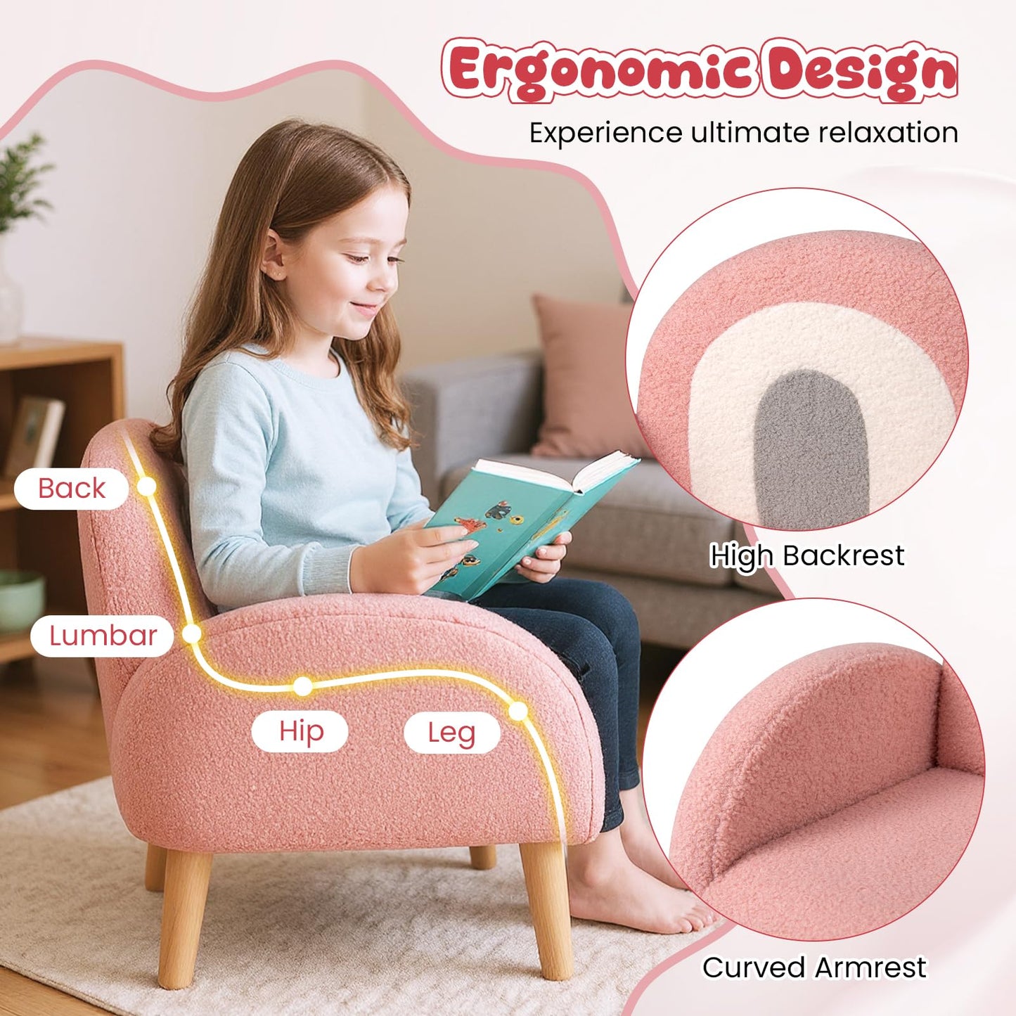 Costzon Kids Sofa, Children Pink Armchair with Solid Wood Frames, Plush Fabric, Anti-Tip Design, Floor Reading Sofa Chair for Playroom, Kids Room, Nursery, Toddler Couch Chair Comfy for Boys Girls