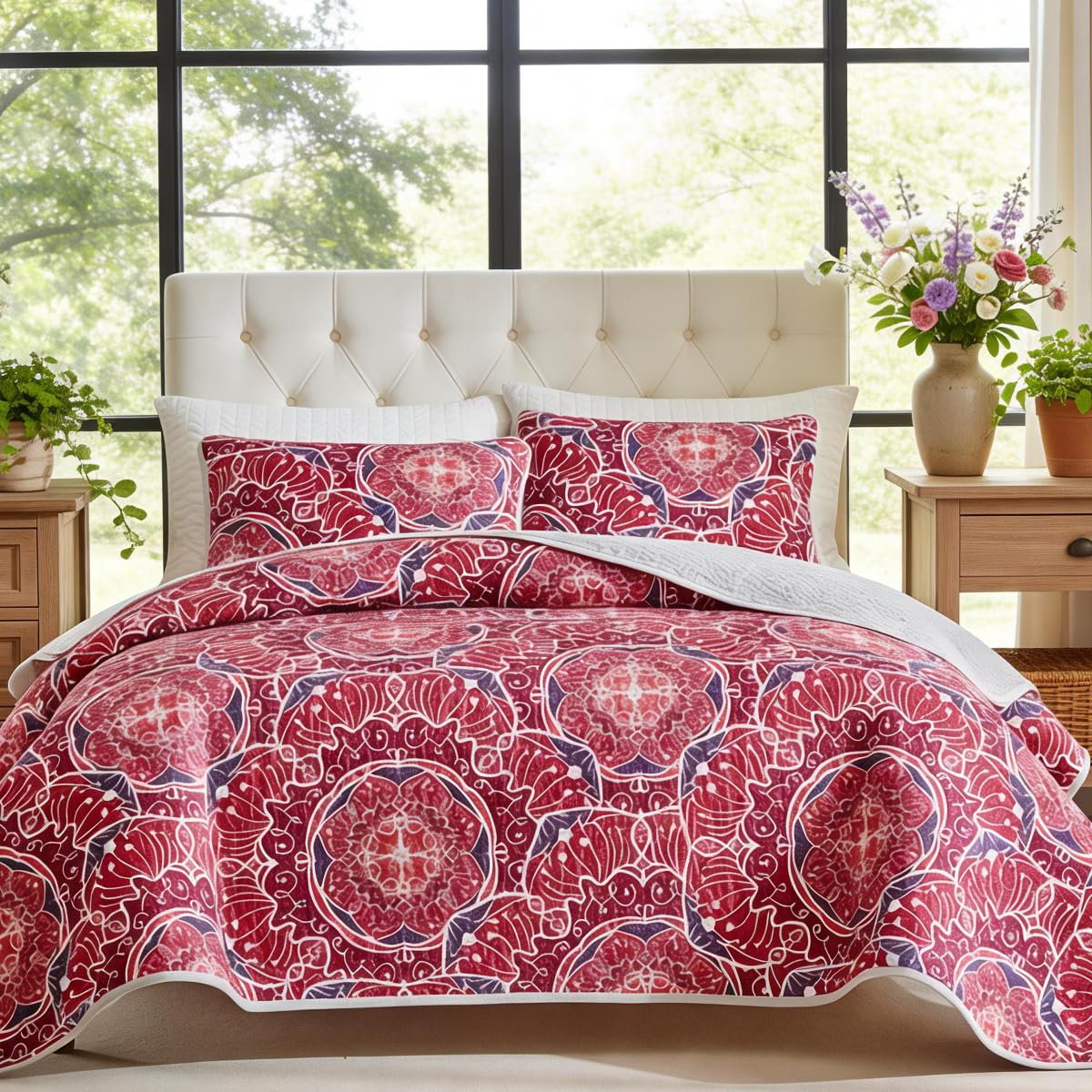 Floral Boho Quilts Queen Size Bedding Set Rose Pink 3 Pieces Farmhouse Botanical Summer Bedspreads with 2 Shams Soft Reversible Lightweight Breathable Coverlet Set for All Season (Rose Pink, Queen)