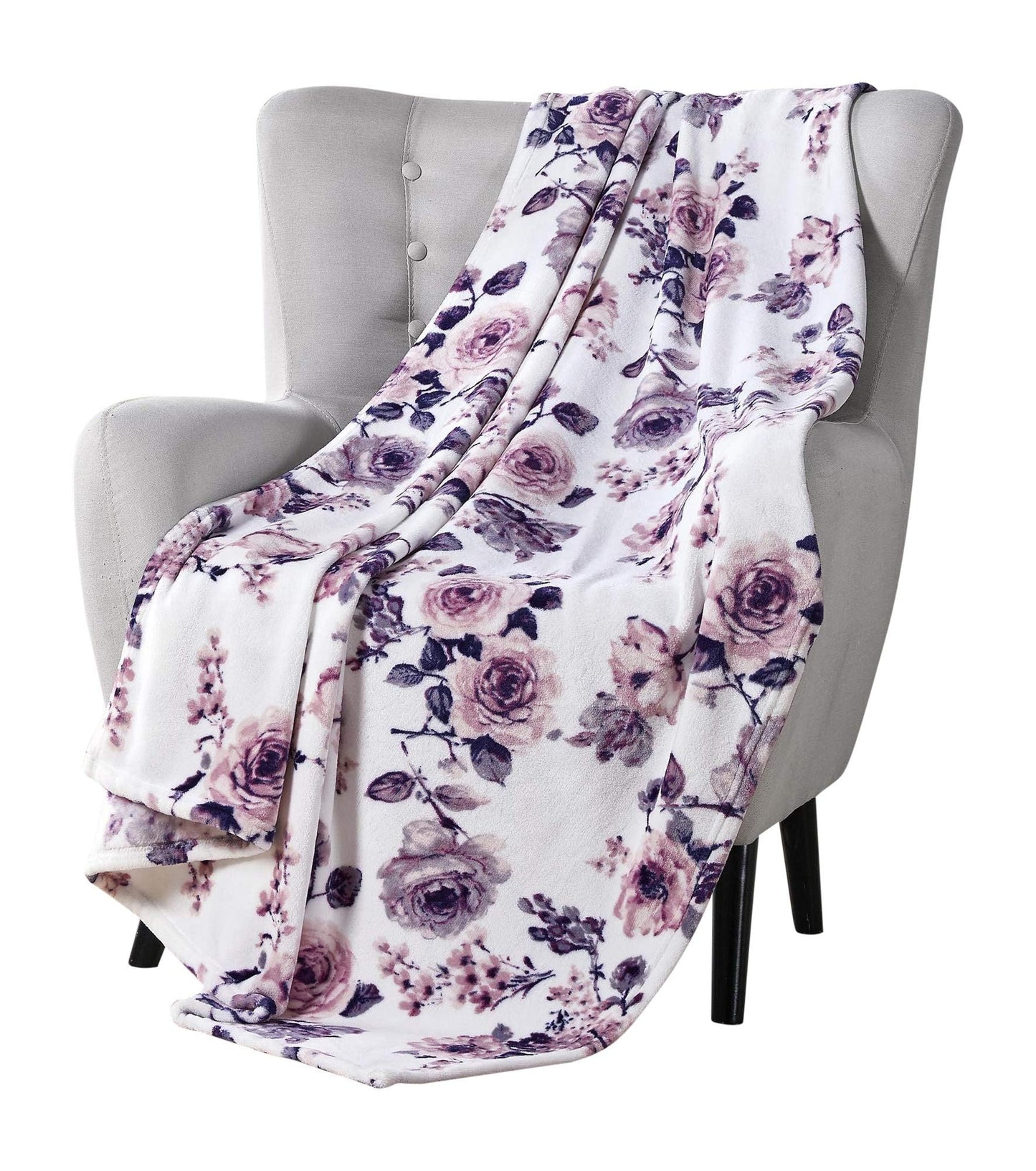 Decorative Floral Fleece Throw Blanket: Velvety Soft Plush Rose Flower Accent for Couch or Bed, Blush Pink Purple Navy Blue Grey on White, Oversized 50" x 70" Inches
