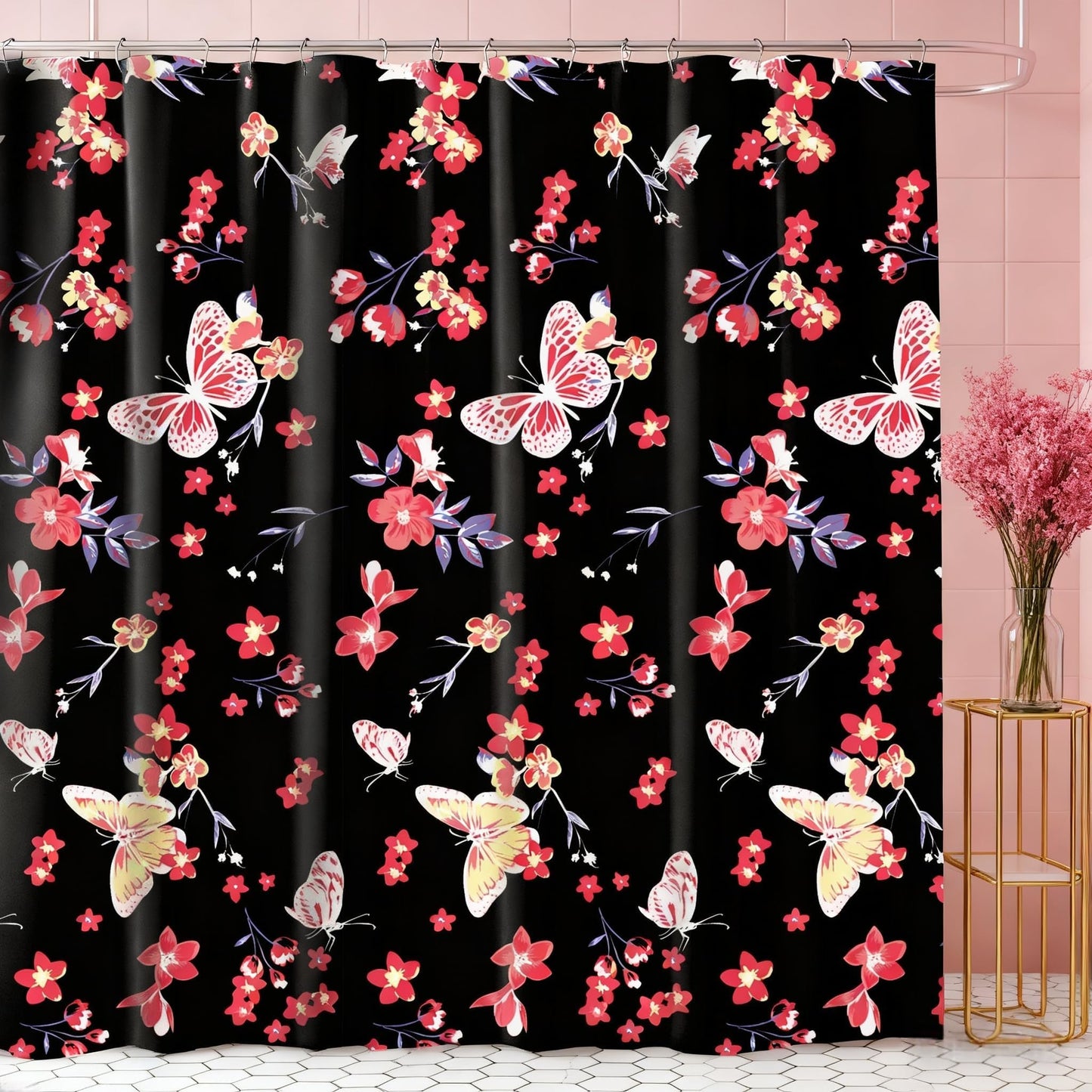 SDIII Pink Butterfly Shower Curtain Set 72x72 Inch, Waterproof Microfiber Pink Butterfly Floral Shower Curtain, Botanical Wildflowers Bathroom Decor