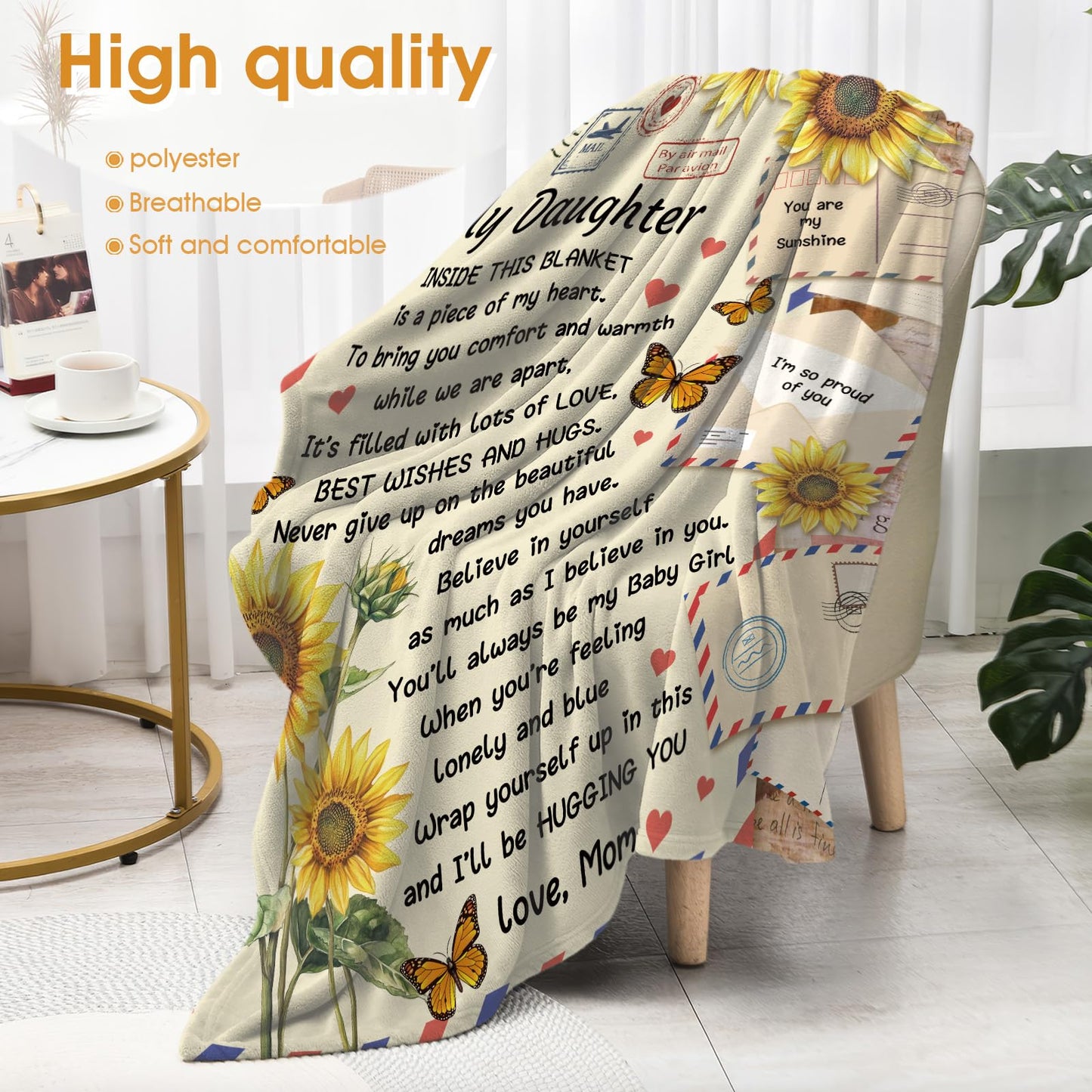 Hohoto Gifts for Daughter from Mom Dad, Best Wishes Throw Blanket for My Daughter Girls,Sunflower Inspirational Birthdays Graduation Wedding Present, Daughter Bedroom Decor Blanket 50"x60"