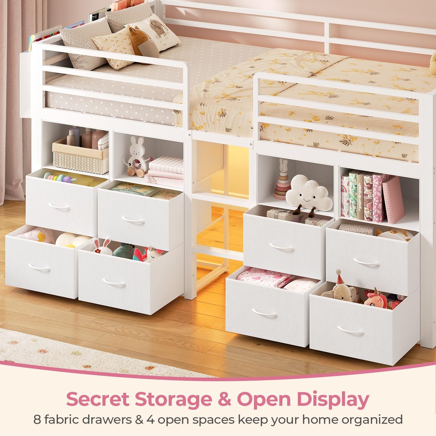ADORNEVE Low Loft Bed Twin Size with 8 Storage Drawers, Twin Loft Bed with Bookcase and LED Lights, Metal Kids Loft Bed with 14" H Safety Guardrail, Under-Bed Play Space, No Box Spring Needed, White