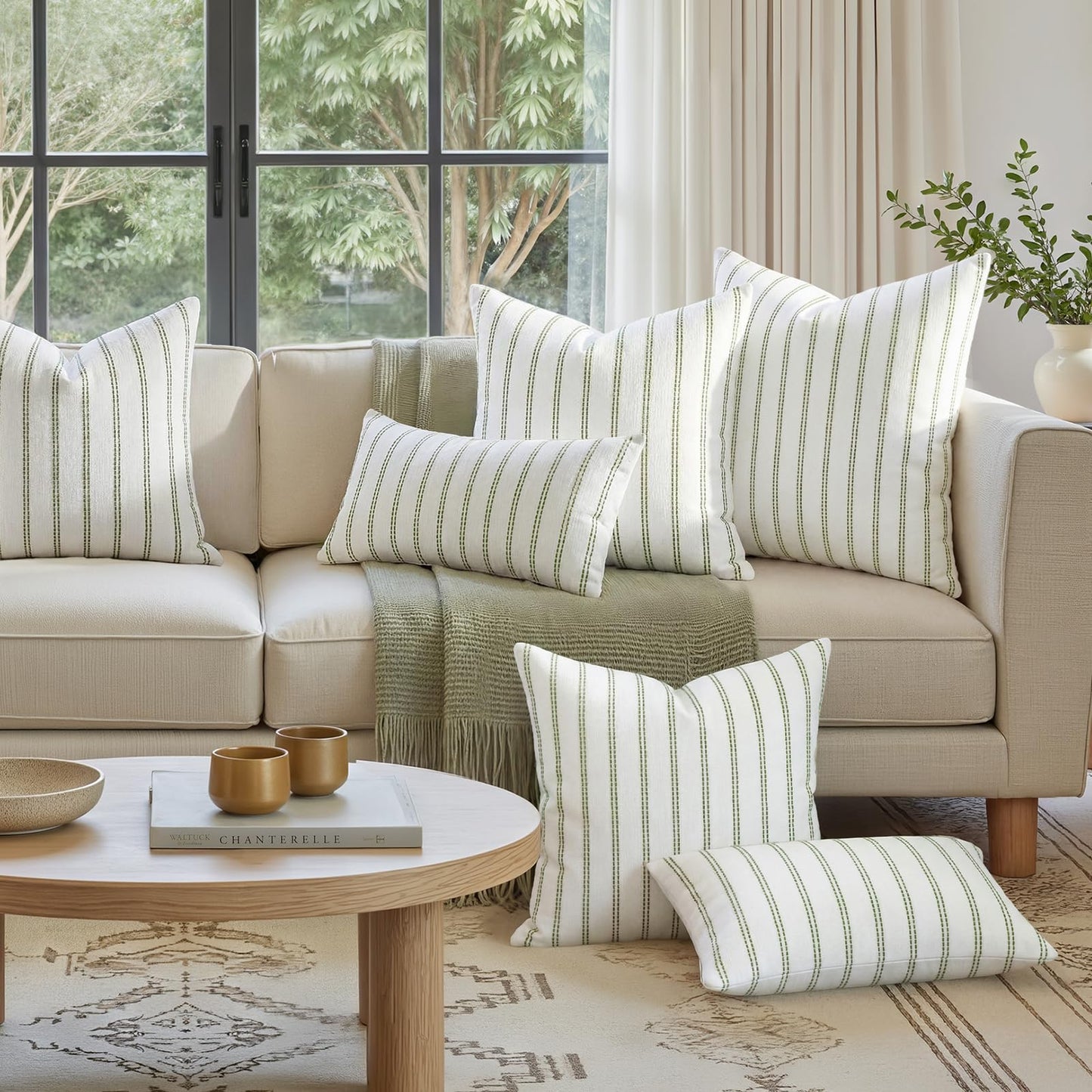 HOMEIDEAS Decorative Sage Green Throw Pillow Covers 20x20 Set of 2, Striped Textured Farmhouse Pillow Covers, Soft Chenille Cushion Covers for Couch Sofa Bed Home Decor