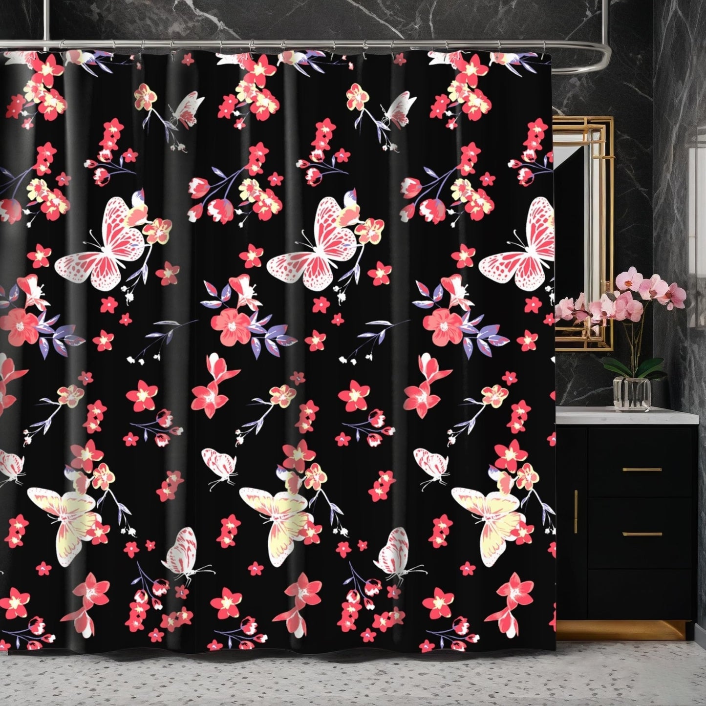 SDIII Pink Butterfly Shower Curtain Set 72x72 Inch, Waterproof Microfiber Pink Butterfly Floral Shower Curtain, Botanical Wildflowers Bathroom Decor