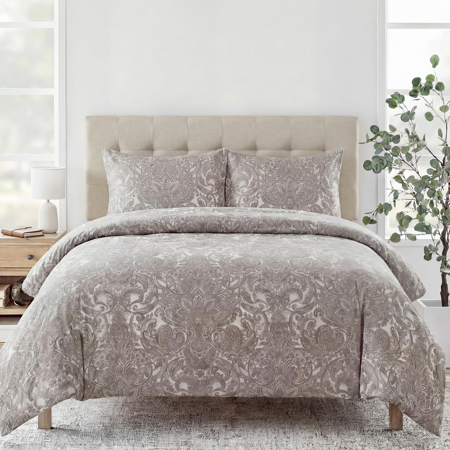 MOVE OVER 100% Cotton Duvet Cover Set Queen Size, Boho Paisley Bedding Set with Zipper Closure & Corner Ties, Soft Breathable Taupe Paisley Floral Duvet Cover for All Seasons