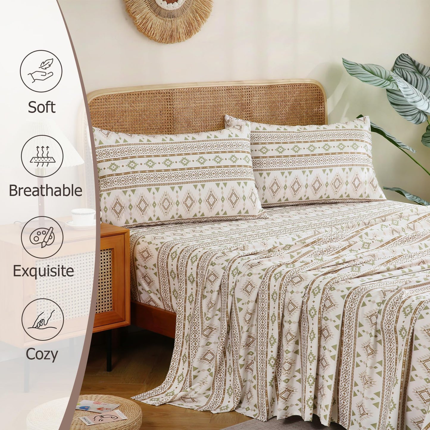 CozySmile 4 Pieces Queen Sheet Set Bohemian, Boho Sheets Soft Microfiber Deep Pocket, Western Sheets Geometric(Queen, Cream Olive Geometric)