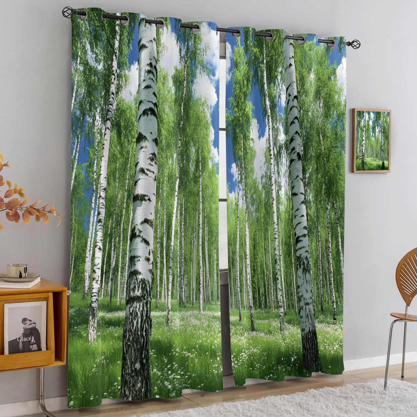 JAXIUOF Birch Trees Curtains for Bedroom 63 Inch Long 2 Panels, Jungle Landscape Blackout Curtains, Summer Forest Window Treatment, Thermal Insulated Drapes for Bedroom Office Kitchen