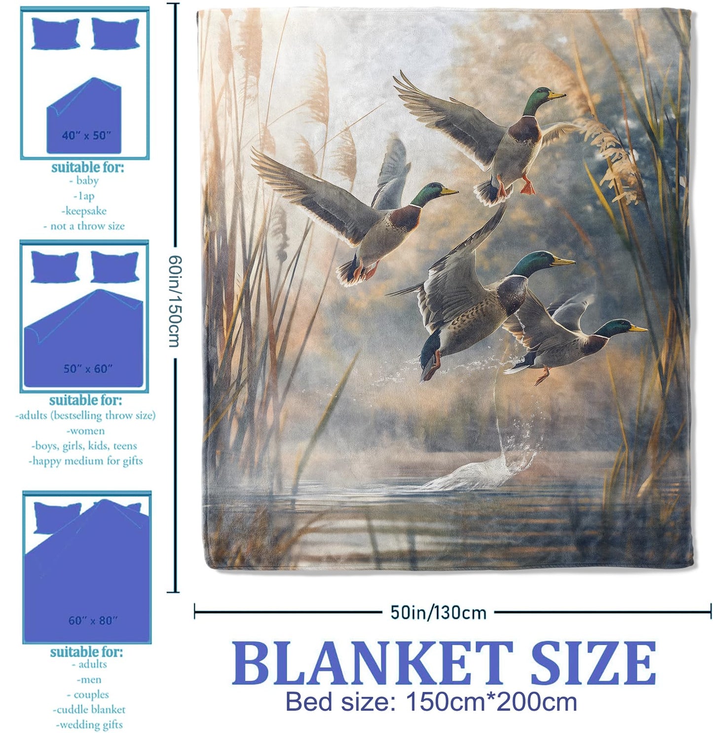 Plistiz Duck Throw Blanket 50"x60", Waterfowl Takeoff Theme Blankets for Living Room Couch, Home Decor, Soft Flannel Duck Gifts for Adults and Women