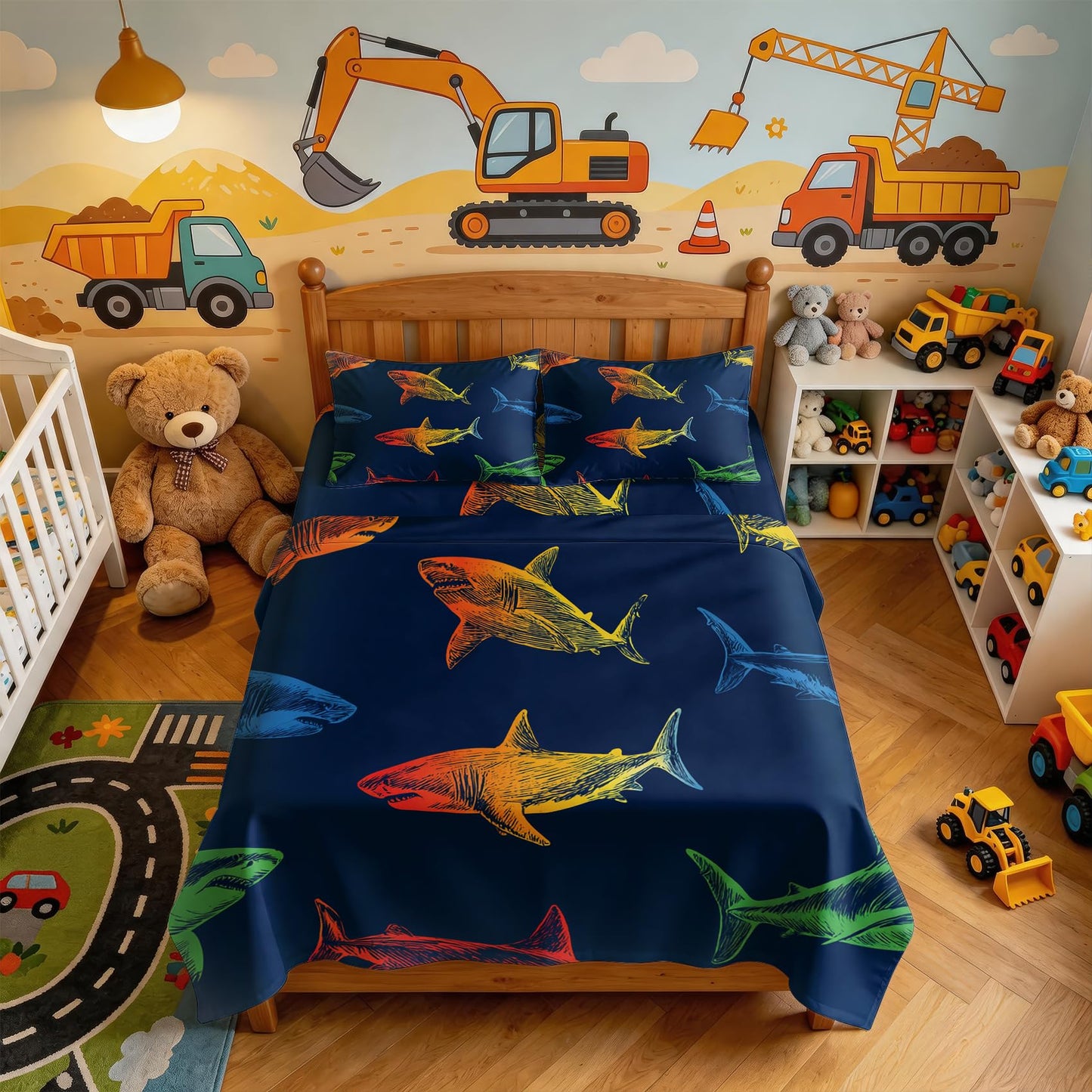 Shark Bedding Set 4 Pcs Marine Life King Sheets, Navy Blue