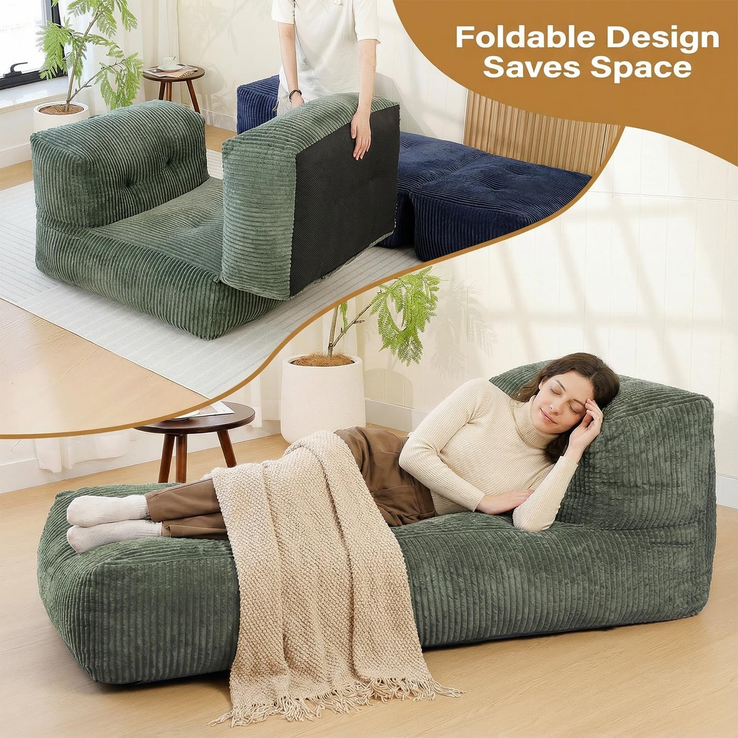 UODERS Big Bean Bag Chair for Adults, 66.9"x31.5" Lounger Large Bean Bag Sofa, Memory Foam Filled Beanbag Chair for Living Room, Bedroom, Balcony - Ergonomic Support & Premium Comfort (Green)