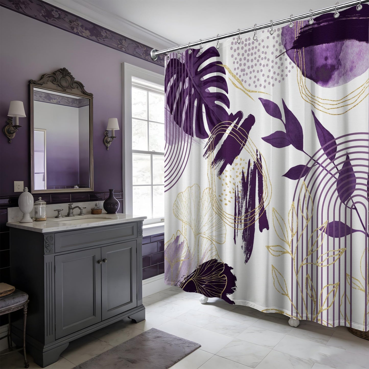soeeao Dark Purple Shower Curtain Plum Purple and White Mid Century Modern Shower Curtains for Bathroom Decor, Waterproof Cloth Fabric with Hooks, 70" W x 72" L