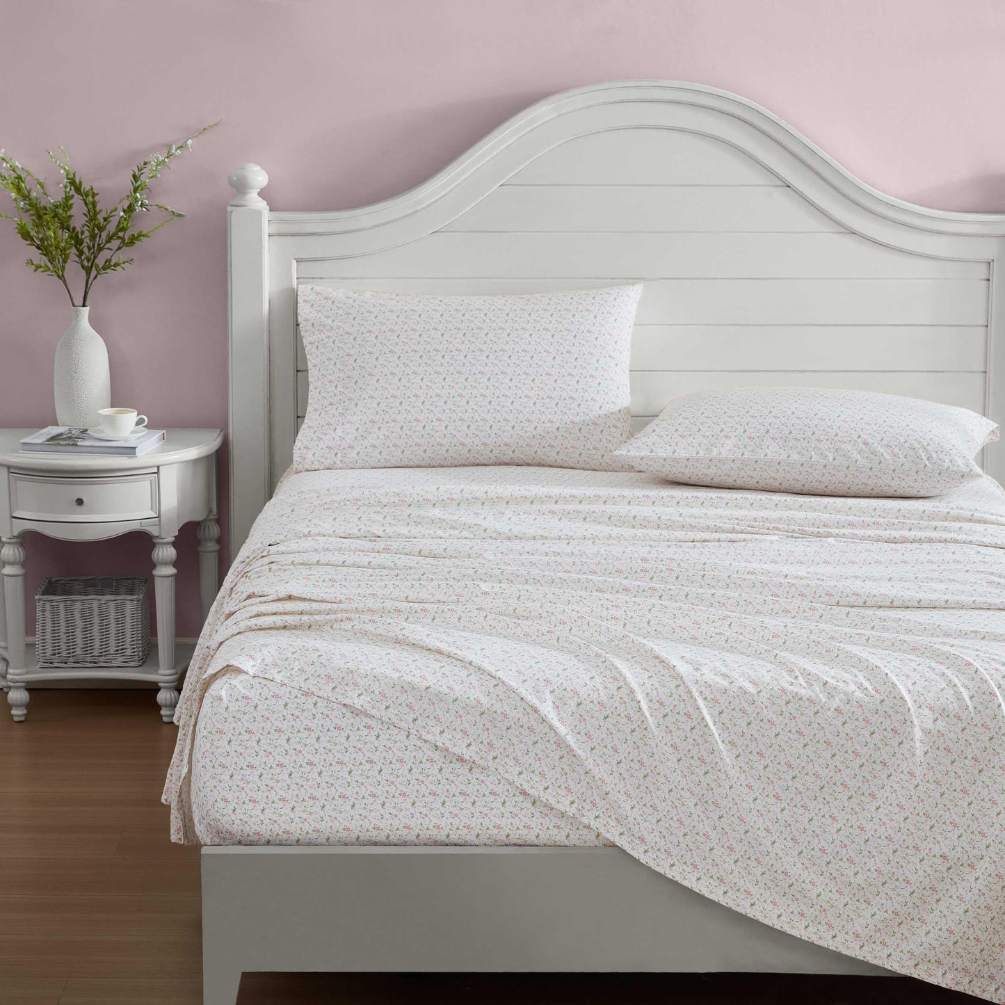 Laura Ashley - King Sheets, Cotton Percale Bedding Set, Lightweight & Breathable Home Decor (Evie Pink, King)