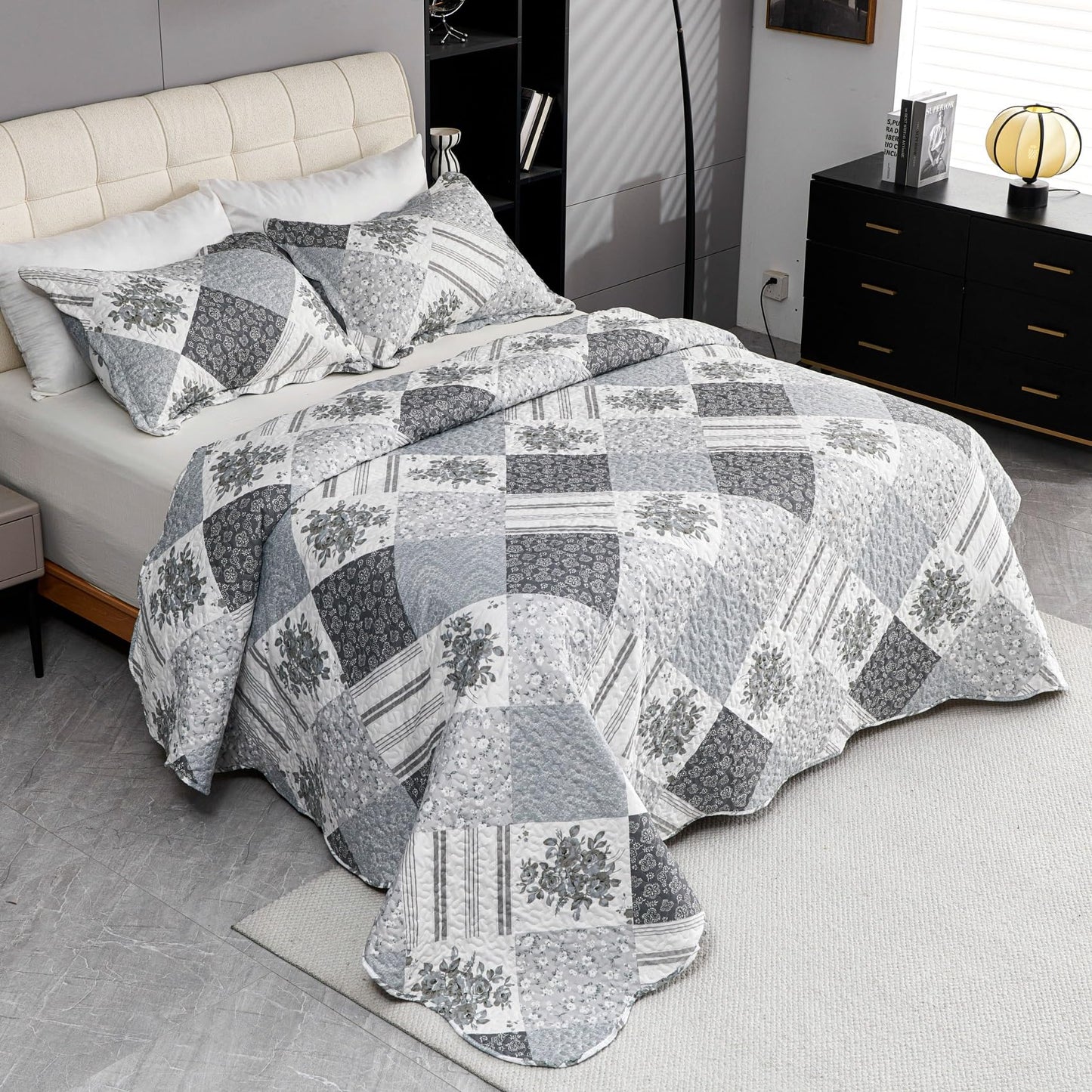 Cmfshape Summer Floral Queen Bedspread,Romantic Grey Quilt Set Full,Reversible Stitched Bedding Set All Season,Soft Lightweight Coverlet with Pillow Cases (Dark Grey, Queen90 x90)