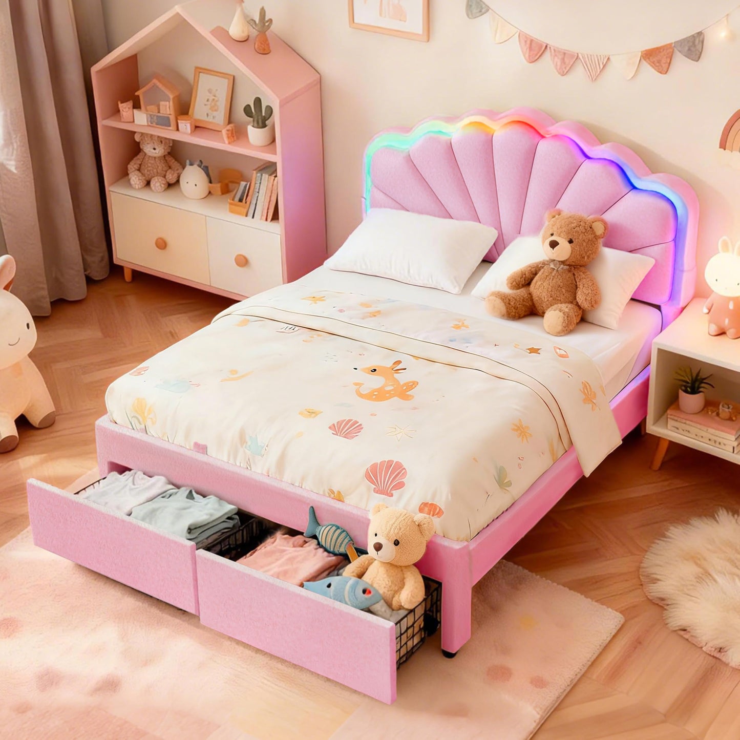 BIOEVER Queen Upholstered Children’s Bed with Storage Drawers,Charging Station & LED Lighting,Teddy Velvet,Quiet Support,Easy Assembly,Pink