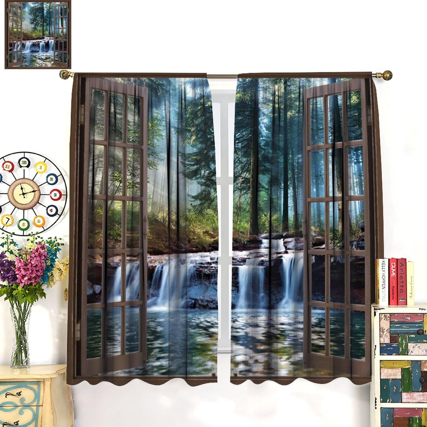 YCness Forest Curtains Waterfall Spring Landscape Art Printed Blackout Window Drapes for Bedroom Living Room Decor Fabric Set 2 Panel 42x45 Inch 80% Shading Rate