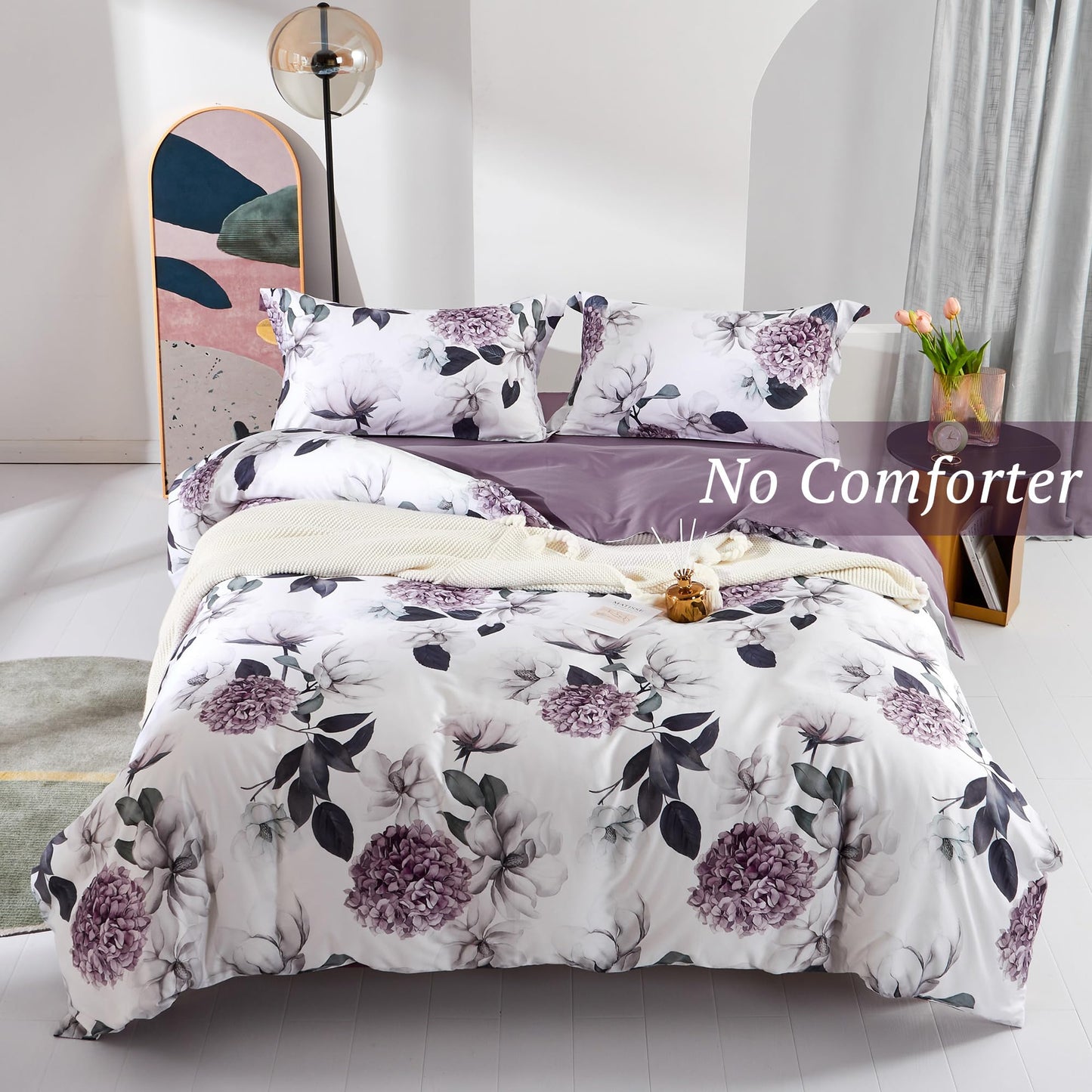 MILDLY 100% Long-Staple Cotton Duvet Cover Set Hydrangea Lotus Flower Pattern Printed Comforter Cover 3pcs, Ultra Soft & Breathable Bedding Set