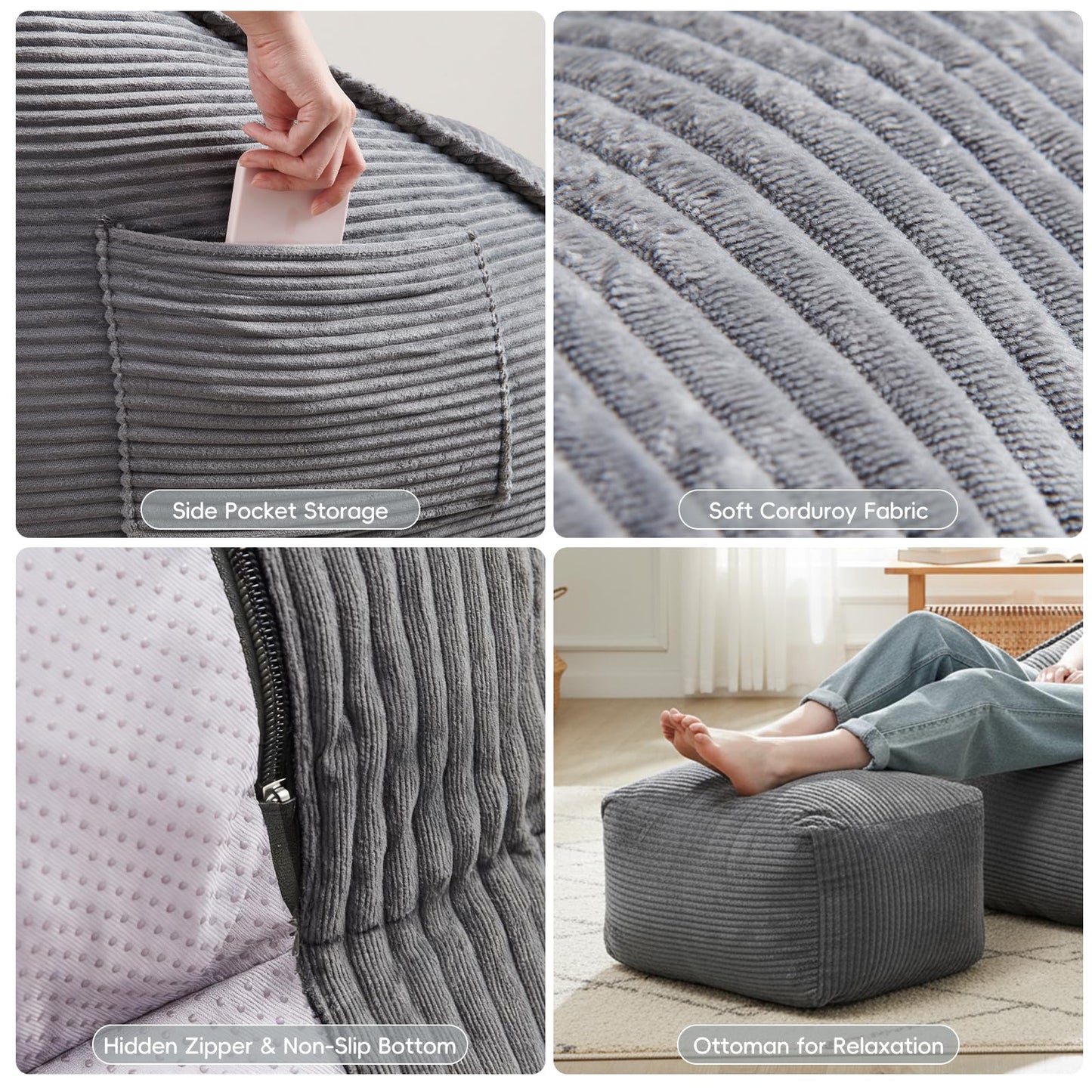 Bean Bag Chair with Ottoman for Adults, Large Corduroy Bean Bag Couch, Boneless Chaise Lounge Reading Chair with High-Resilience Foam, Floor Lounger for Bedroom Living Room (Grey)