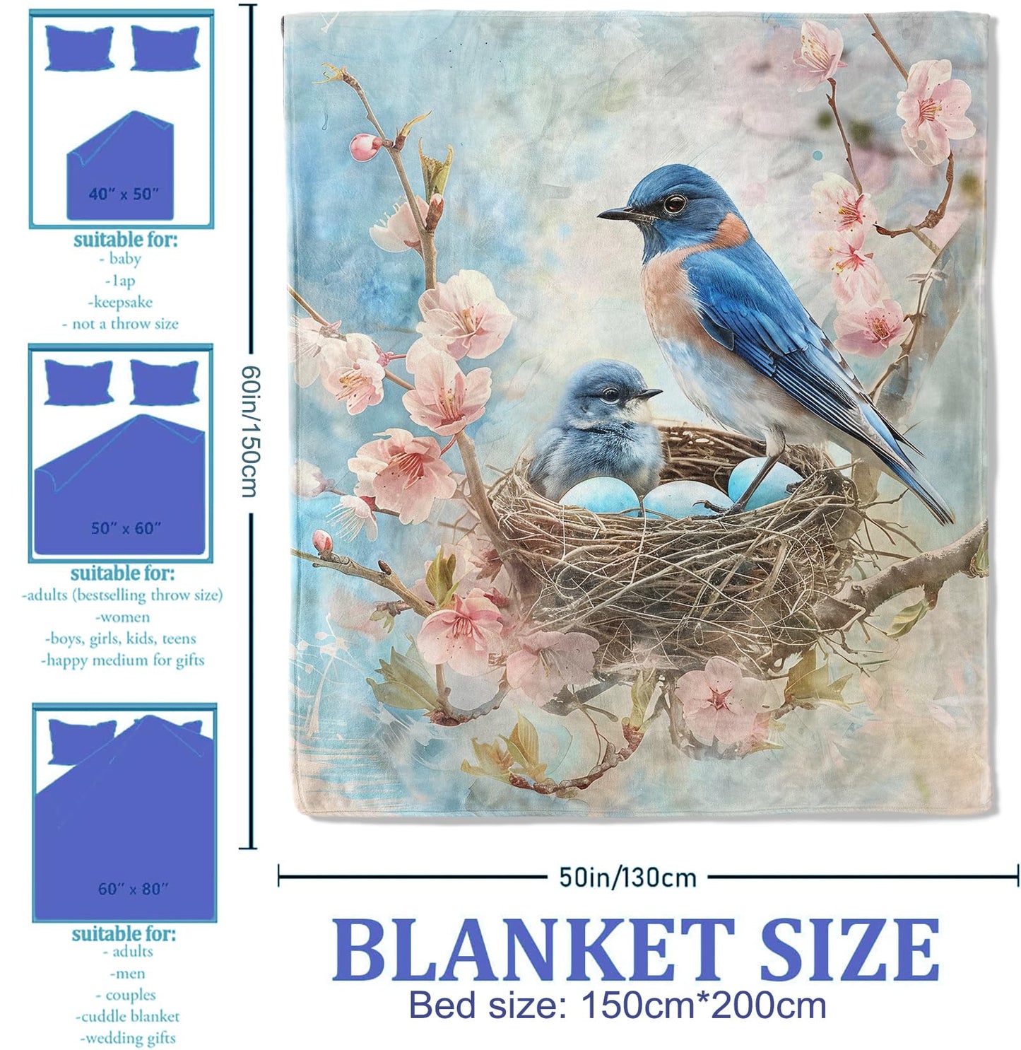 Plistiz Bluebird Nest Throw Blanket for Women Girls Boys, Soft Flannel Blankets Gifts for Living Room Couch, Home, Sofa Decor, 50"x60"