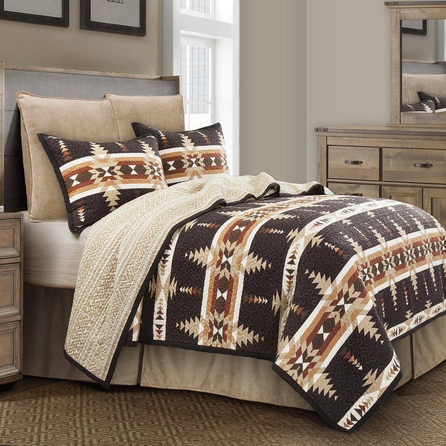 Paseo Road Yosemite Western Bedding 3 Piece Quilt Set with Pillow Shams, King Aztec Bedding Set, Tribal Southwestern Bedding, Geometric Pattern Cotton Reversible Bed Set