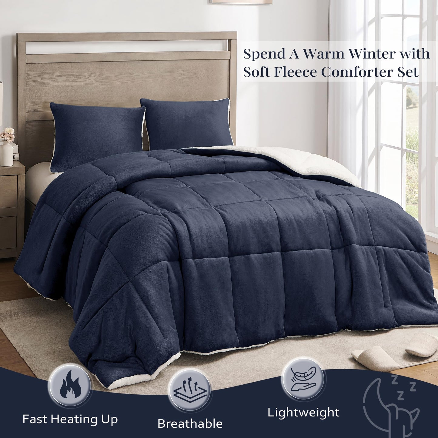 Basic Beyond King Size Comforter Set - Thick Fleece Sherpa Comforter Sets King Size Bed, Soft and Fuzzy Bedding Comforter Set King Size for Winter, Navy, 104"x88"