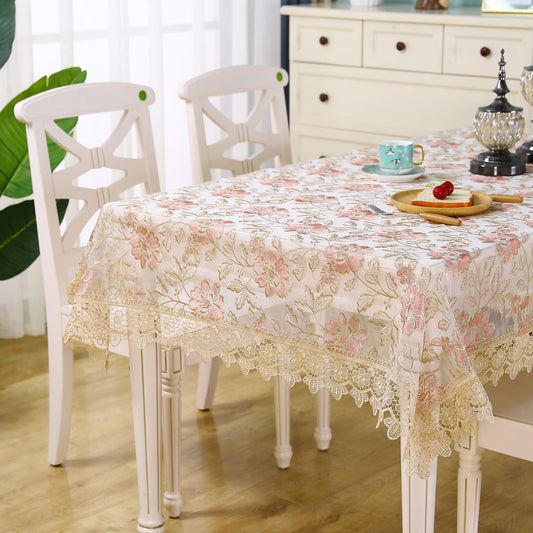 Pink Lace Table Cloth Floral Embroidered Lace Tablecloth Rose Decor Macrame Crochet Rectangle Small Vintage Shabby Chic Table Cover for Dining Kitchen Summer Outdoor Holiday Birthday Party Spring