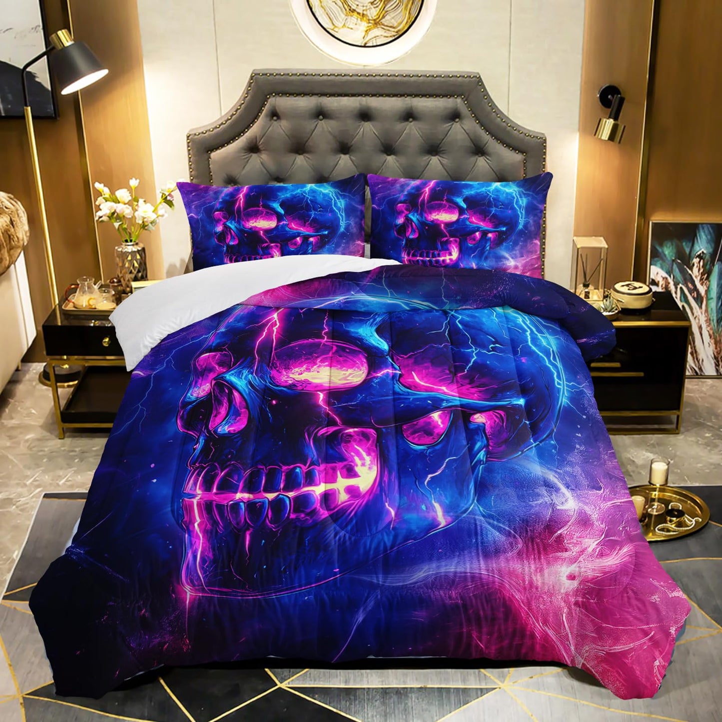 QOOMO 3Pcs Gothic Skull Comforter Set Twin,Skeleton Bedding Set for Teens Boys Girls,Purple Galaxy Printed Comforter with 2 Pillowcases,Down Alternative,Soft and Lightweight