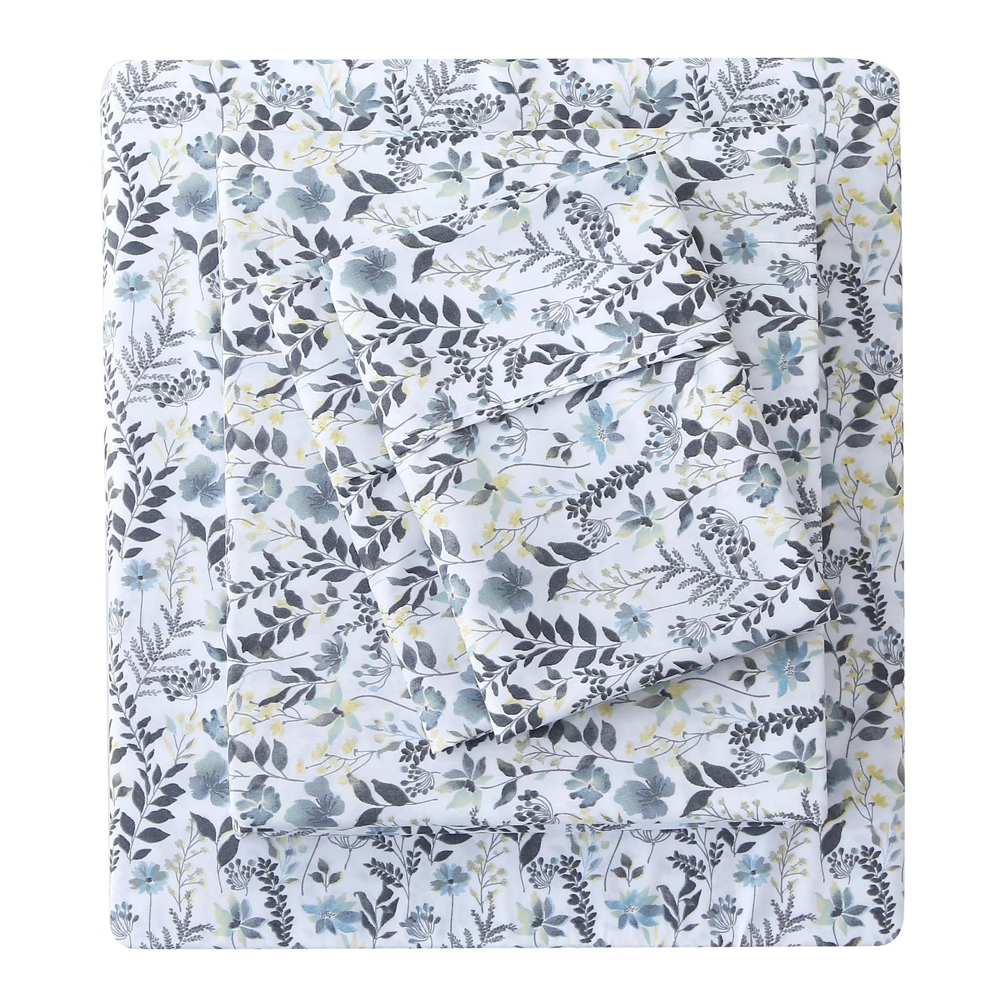 Mooreeke Cozy Vintage Microfiber Printed King Sheet Set - Soft Breathable Percale Cotton Floral Bed Sheets with Deep Pocket - Non-Slip Fitted Design - Yellow Blue Gray Gradient Flowers Pattern