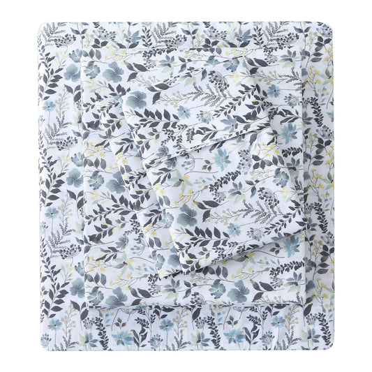 Mooreeke Cozy Vintage Microfiber Printed Twin Sheet Set - Soft Breathable Floral Bed Sheets with Deep Pocket - Non-Slip Fitted Design - Yellow Blue Gray Gradient Flowers Pattern
