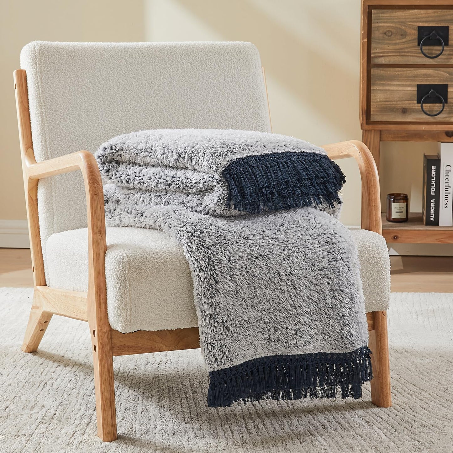 EMME Soft Sherpa Fleece Blanket with Tassel, Reversible Plush Fluffy Large Blanket, Light Weight Warm Decorative Boho Blanket Cover for Sofa, Couch, Bedroom,Travel(Tassel Navy,50"x60")