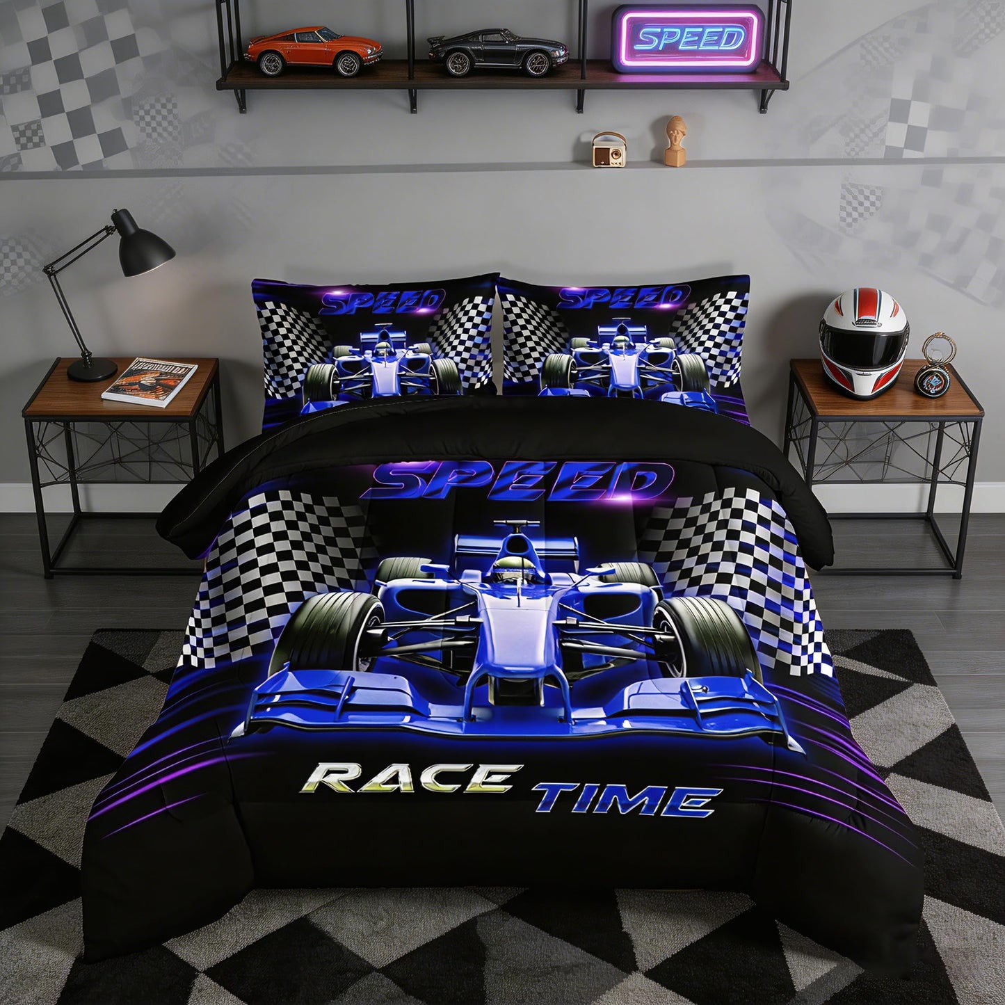 UEVBF Blue Race Car Bedding Set Twin Size,Black White Checkered Racing Flag Comforter Set,Race Car Room Decor for Kids Boys,Cool Sports Themed Bedding Sets with 2 Pillowcases.