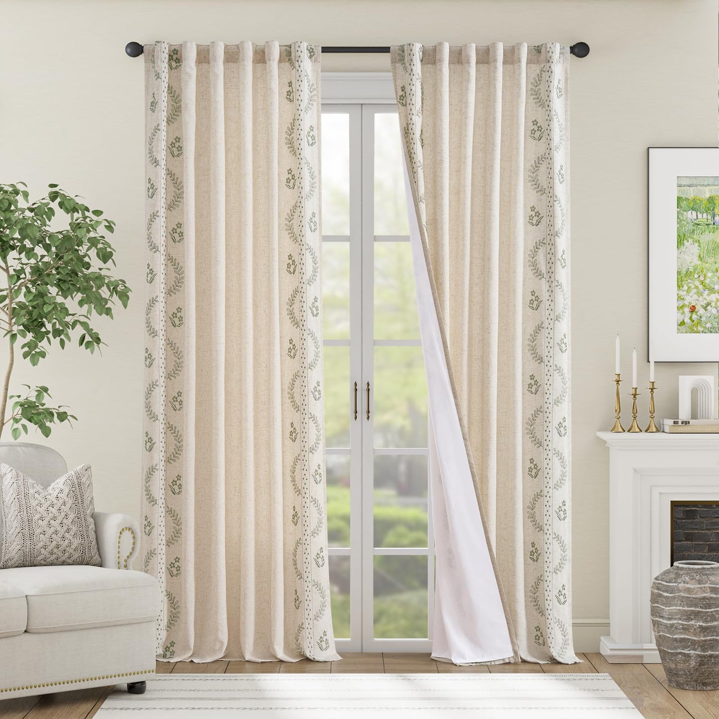 jinchan Belrose Lined Linen Blend Curtains Floral Curtains for Bedroom 96 Inch Length Sage Green Embroidered Drapes Rod Pocket Farmhouse Flower Drapes for Living Room Window Treatments Set 2 Panels