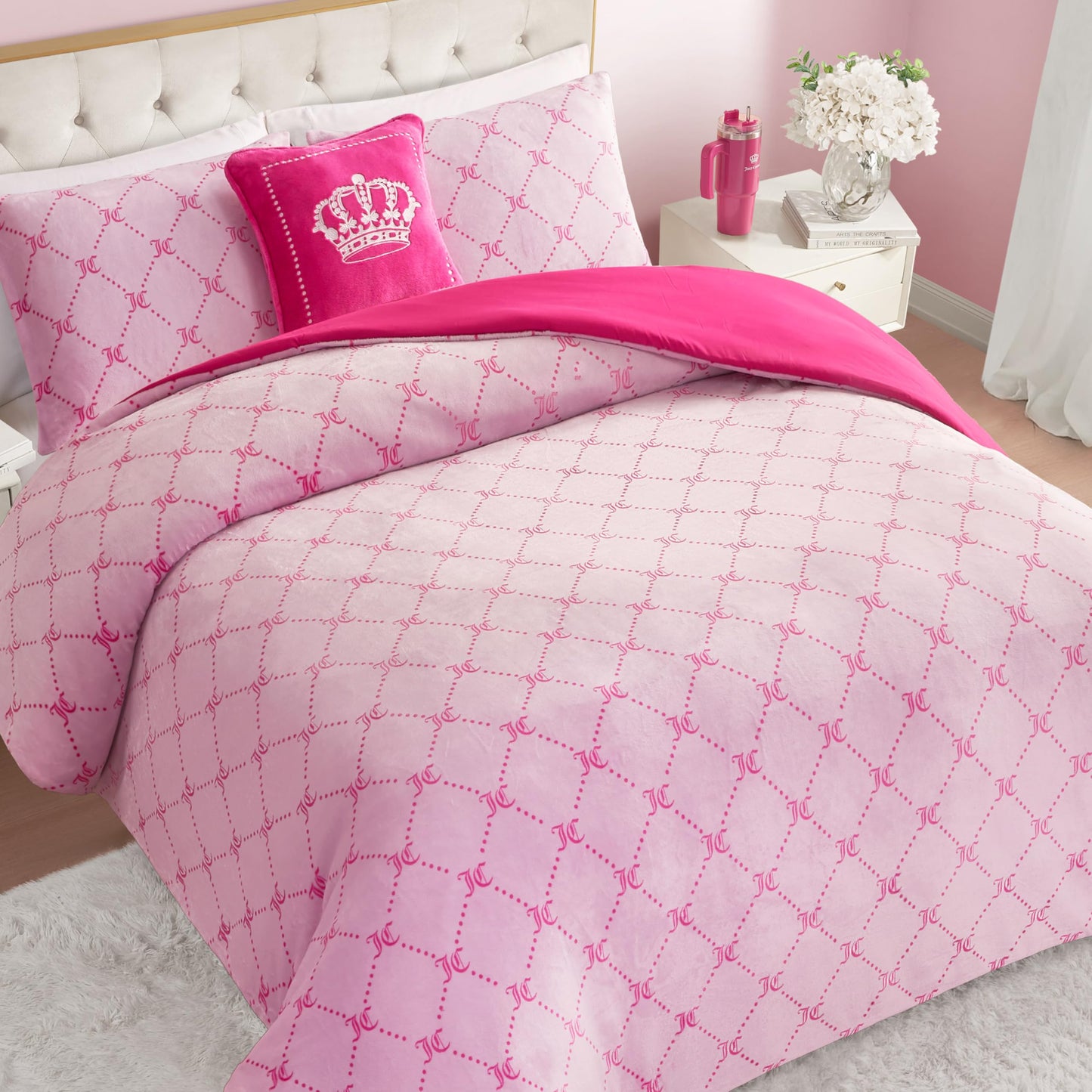 Juicy Couture Plush Reversible Trellis Link 3-Piece Twin/Twin XL Comforter Set with Decorative Pillow, Pink