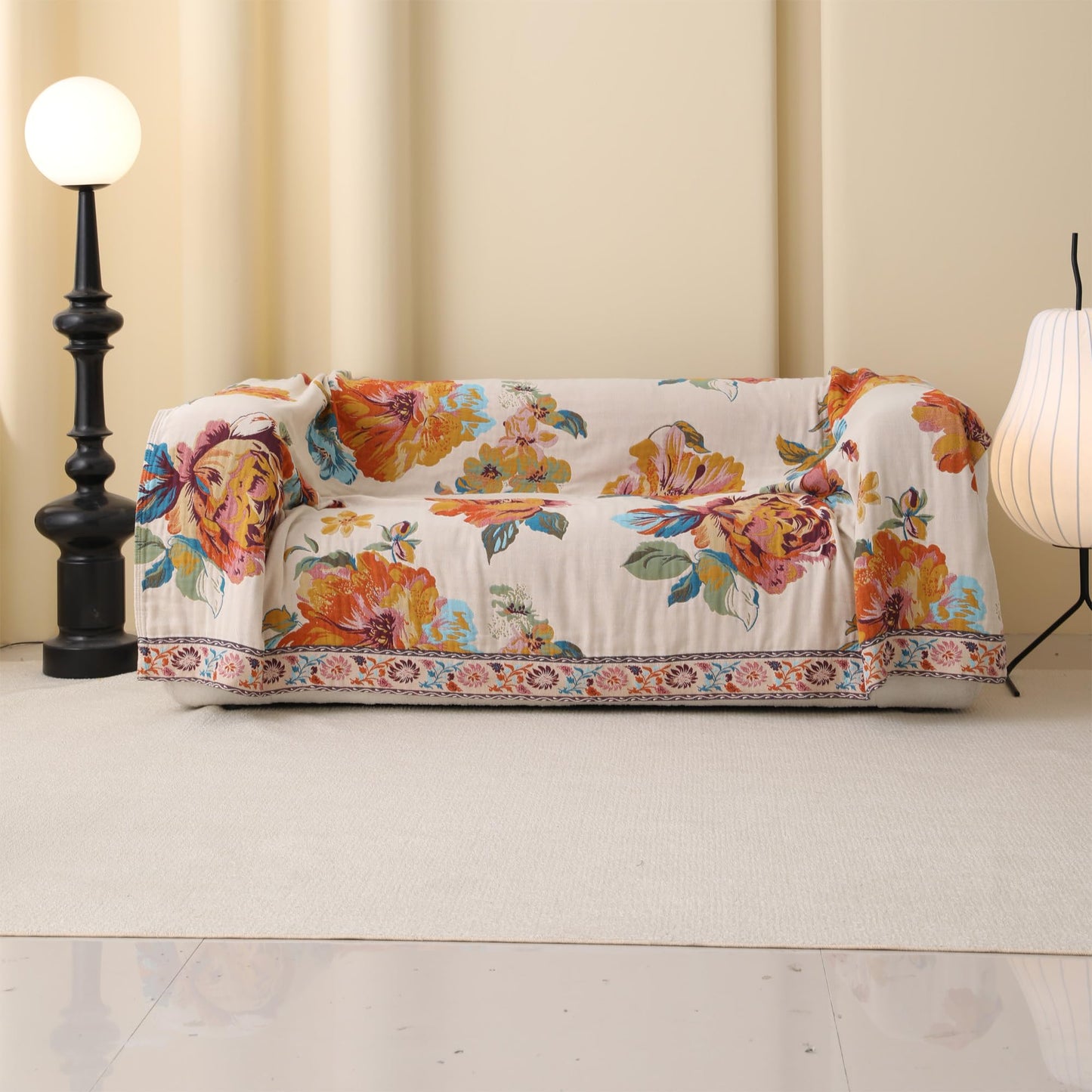 BRYALIX 100% Cotton Muslin Throw Blanket, Orange Floral Pattern, Lightweight Quilt, Boho Farmhouse Decorative Fringed Reversible Jacquard Throw for Home, Picnic, Travel, 60"x80"